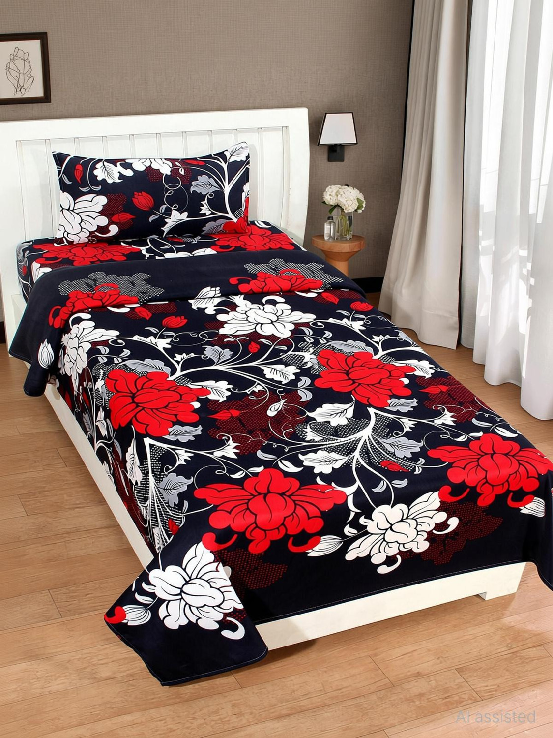 Image of Lakshika decor homes Microfiber Single Fitted & Flat 144 TC Printed 1 Bedsheet with 2 Pillow Covers