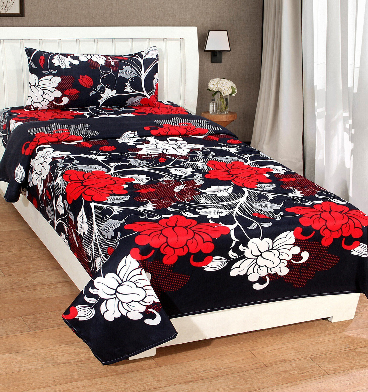 Image of Lakshika decor homes Microfiber Single Fitted & Flat 144 TC Printed 1 Bedsheet with 2 Pillow Covers