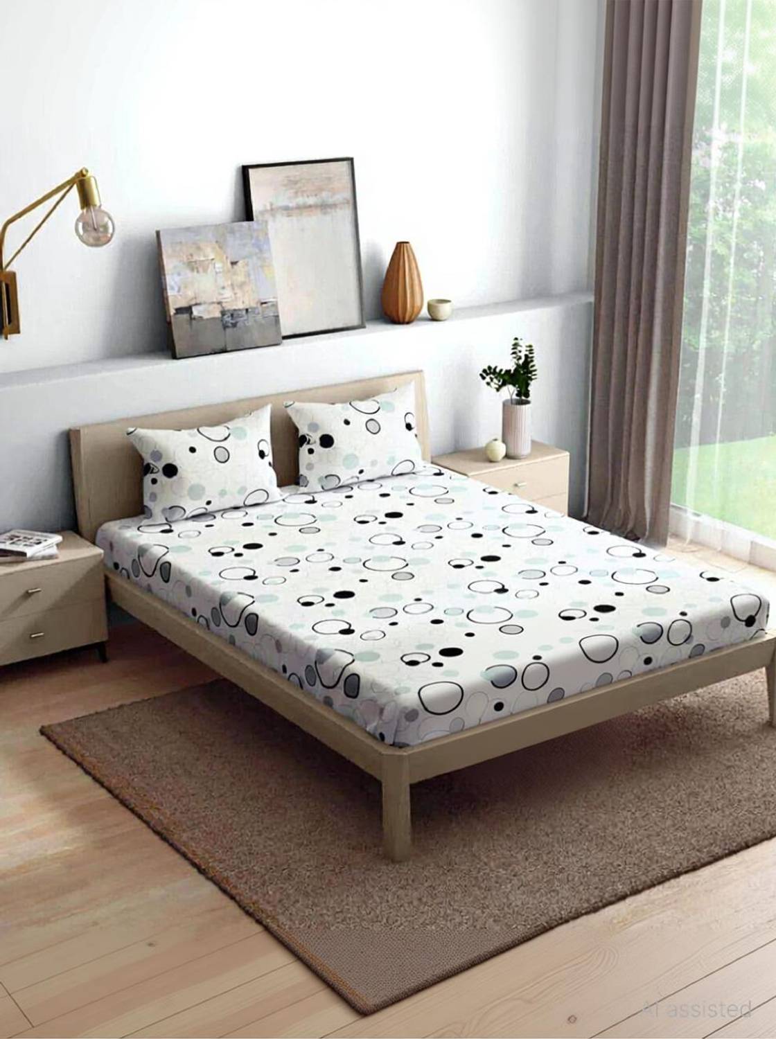Wakefit Cotton Queen Fitted (Elastic) 200 TC Printed 1 Bedsheet with 2 Pillow Covers