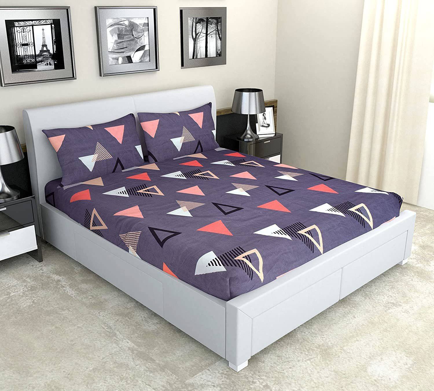 Amrange Cotton King Flat 210 TC 3D Printed 1 Bedsheet with 2 Pillow Covers