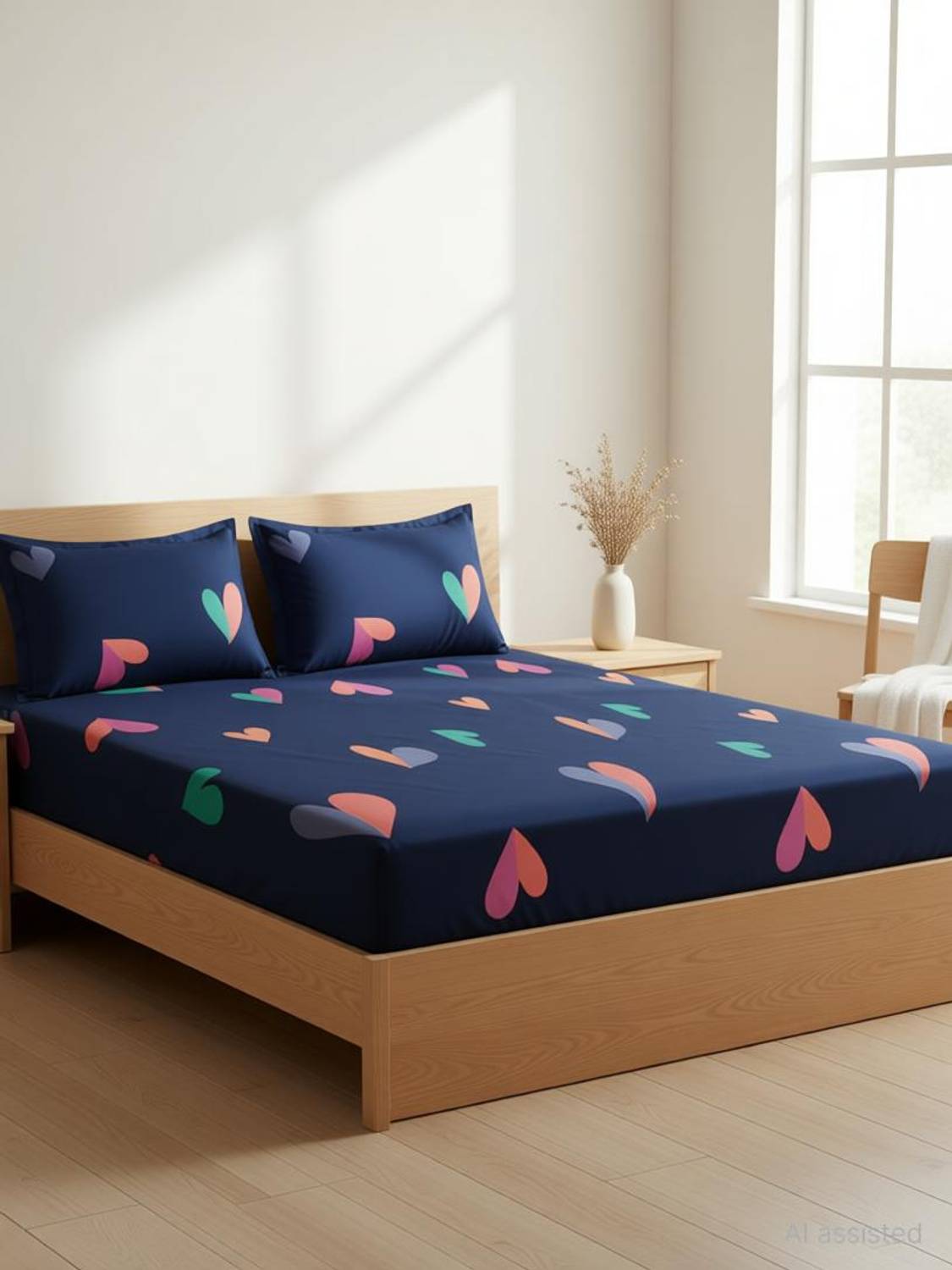 Amrange Cotton King Fitted (Elastic) 210 TC Floral 1 Bedsheet with 2 Pillow Covers