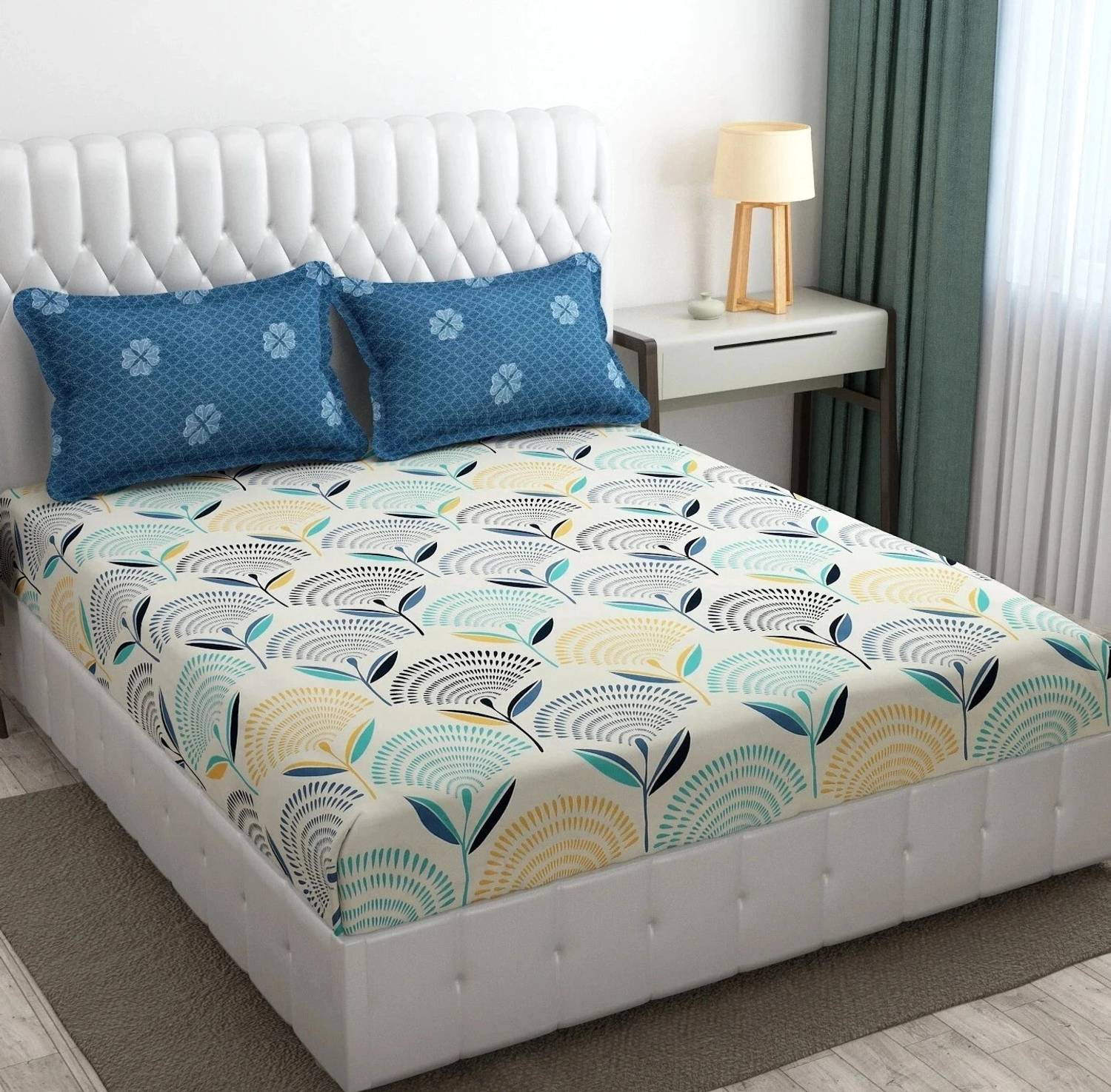 SHOMES Cotton King Fitted (Elastic) 250 TC Floral 1 Bedsheet with