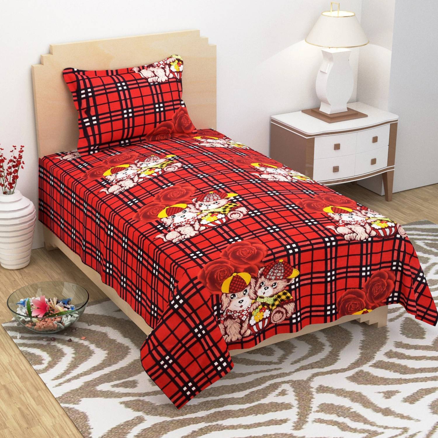BEVI Microfiber Single Fitted & Flat 280 TC Cartoon 1 Bedsheet with 2 Pillow Covers