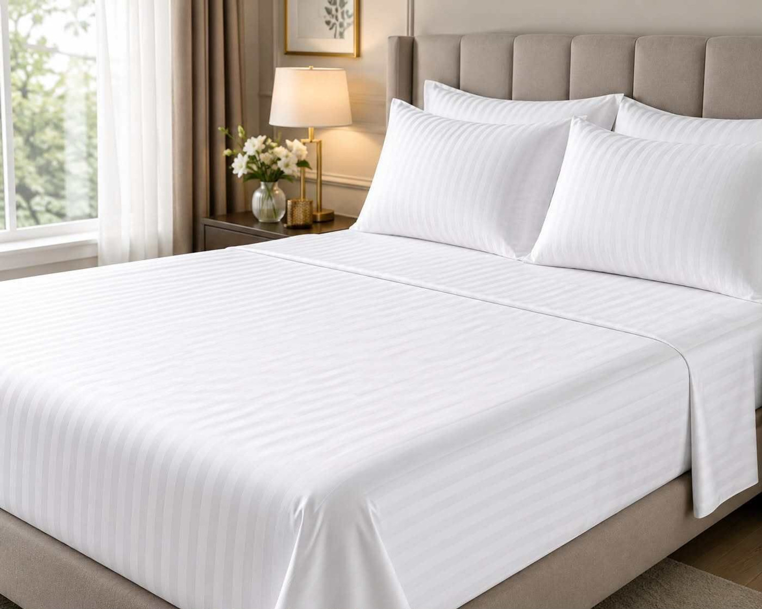 Image of TAMANI DECOR Cotton, Microfiber King Flat 220 TC Striped 1 Summer Bedsheet with 2 Pillow Covers (White)