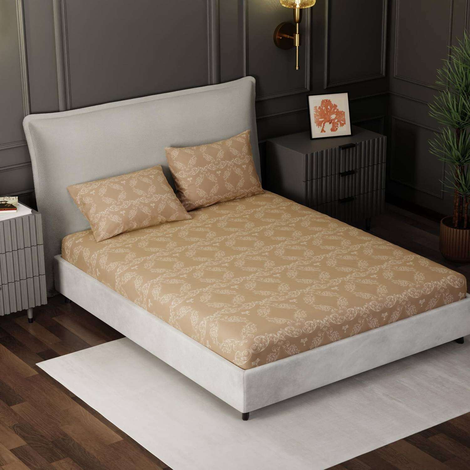 BLISSHOME Cotton King Fitted (Elastic) 150 TC Printed 1 Winter Bedsheet with 2 Pillow Covers