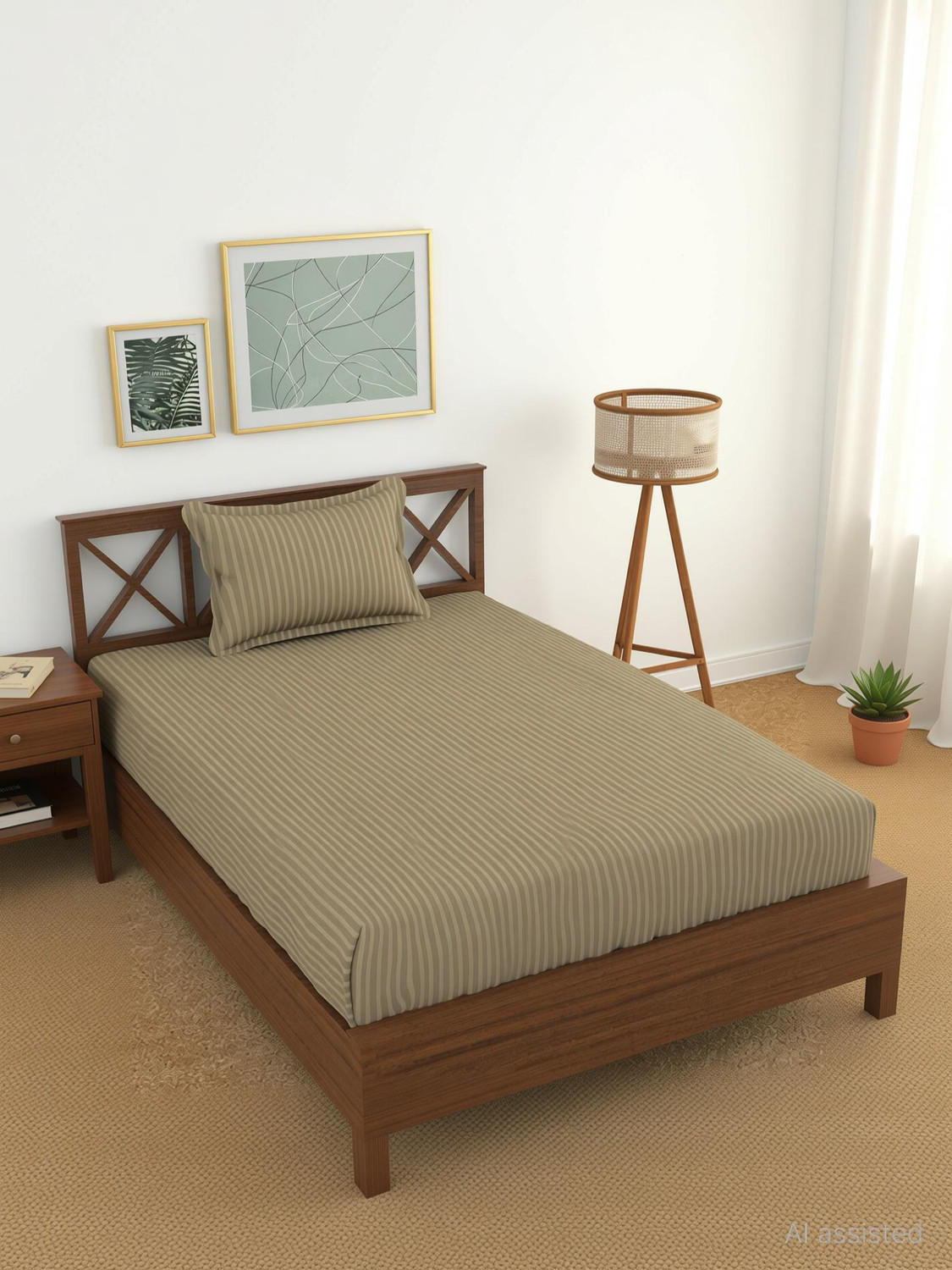 Image of Homefab India Cotton Single Flat 140 TC Striped 1 Summer Bedsheet with 2 Pillow Covers