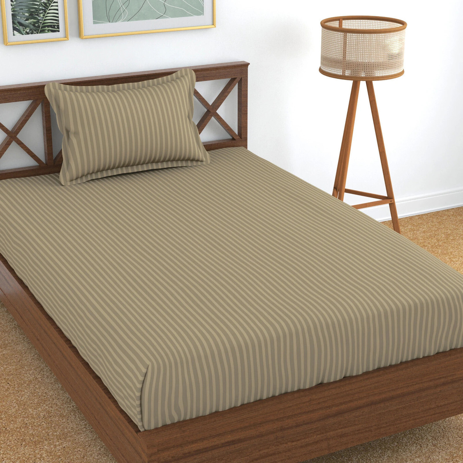 Image of Homefab India Cotton Single Flat 140 TC Striped 1 Summer Bedsheet with 2 Pillow Covers