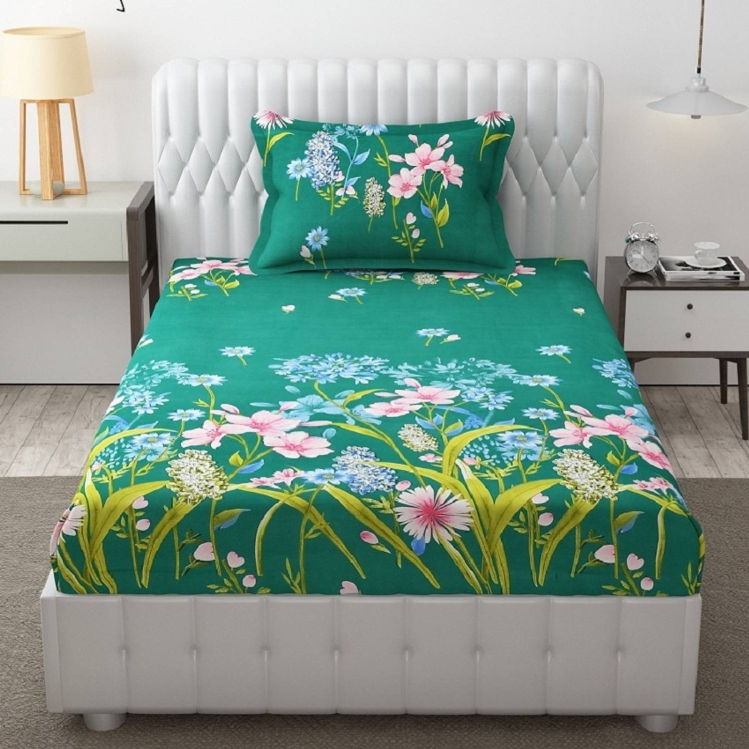 t tungol Cotton Single Fitted (Elastic) 240 TC Floral 1 Bedsheet