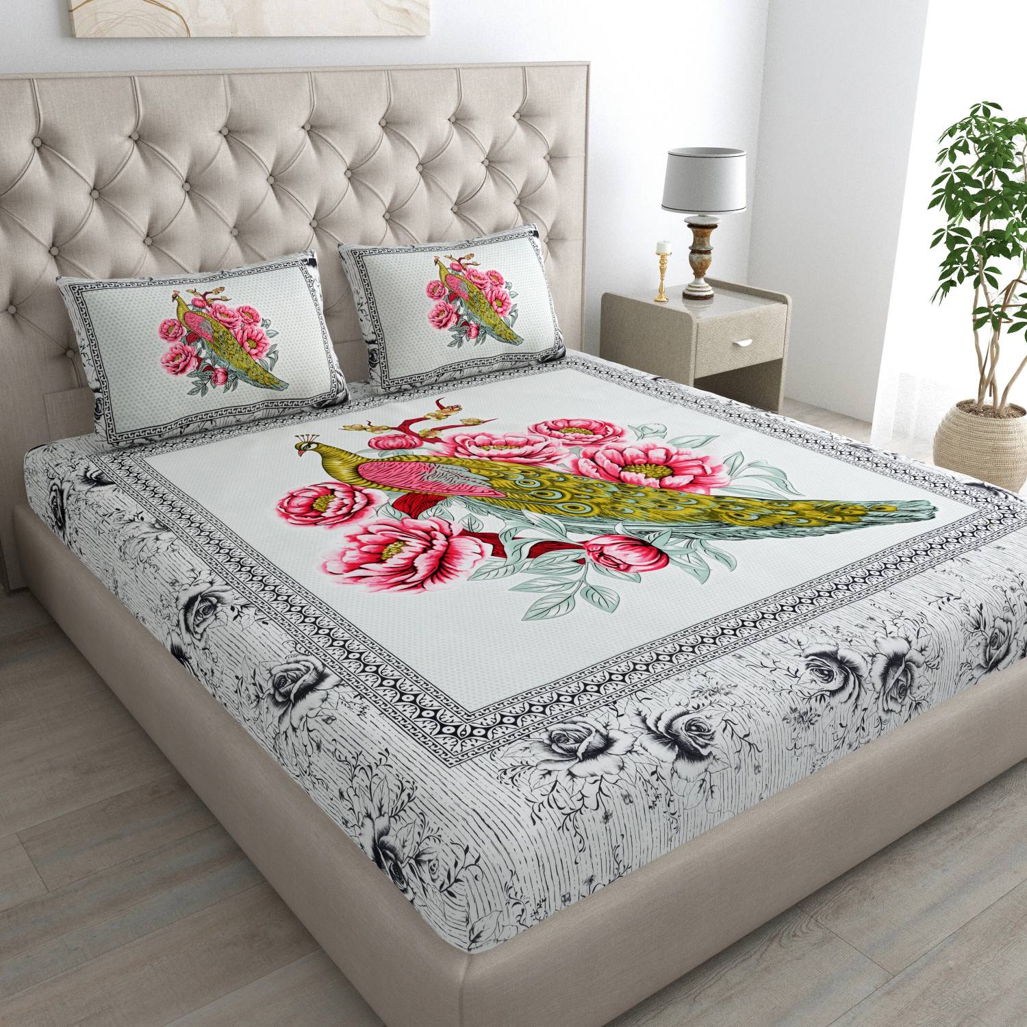 Cosito Cotton Double Flat 144 TC Floral 1 Bedsheet with 2 Pillow