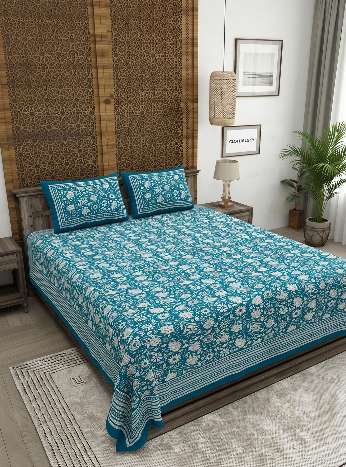Image of CLOTHOLOGY Cotton King Flat 240 TC Jaipuri Prints 1 Summer Bedsheet with 2 Pillow Covers