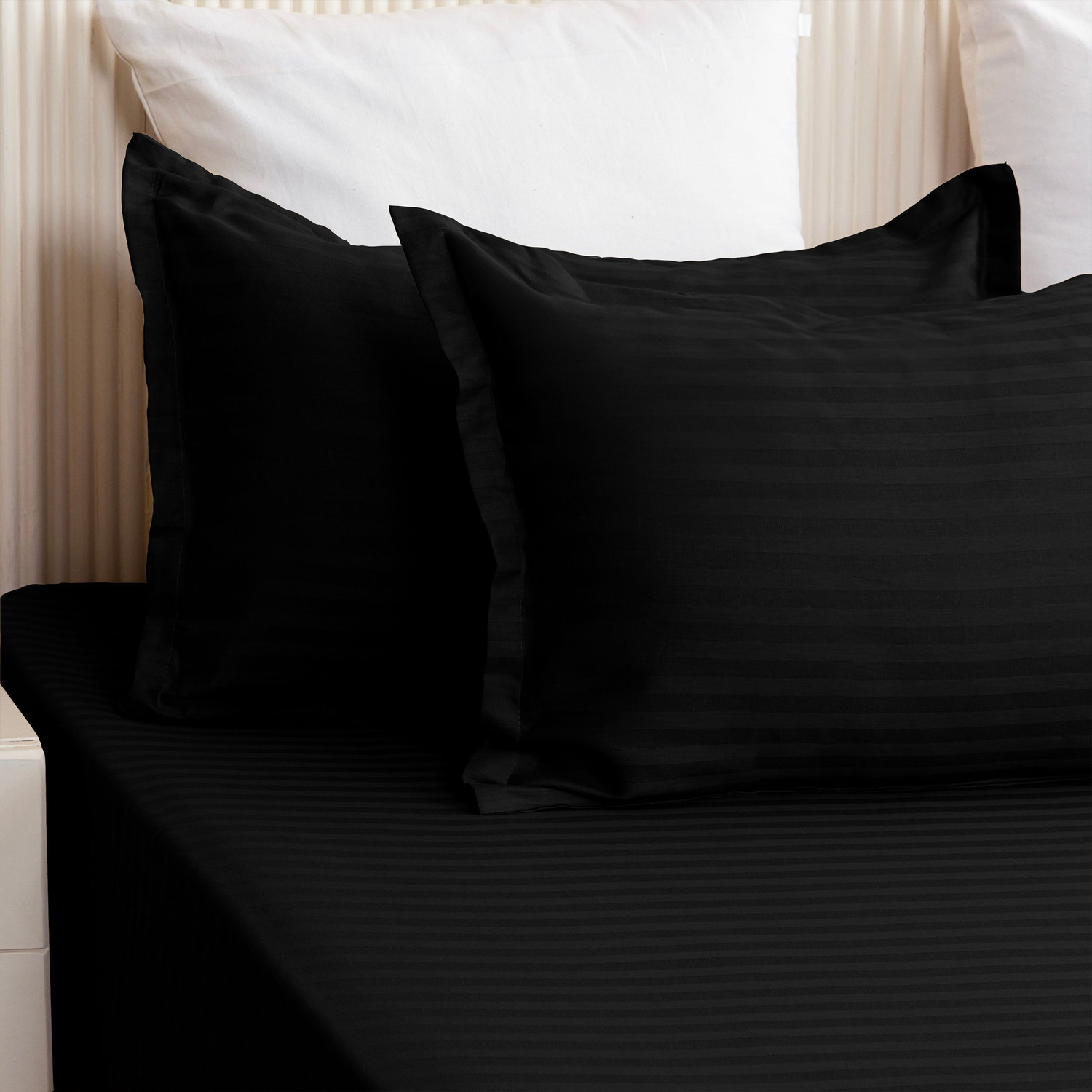 Image of Weave & Decor Microfiber Super King Fitted (Elastic) 300 TC Striped 1 Bedsheet with 2 Pillow Covers