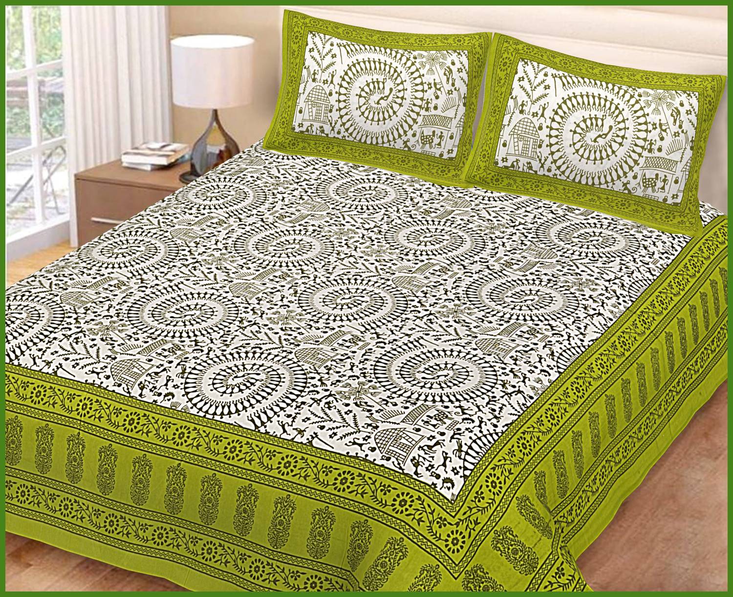 BedZone Cotton King Flat 220 TC Jaipuri Prints 1 Bedsheet with 2 Pillow Covers