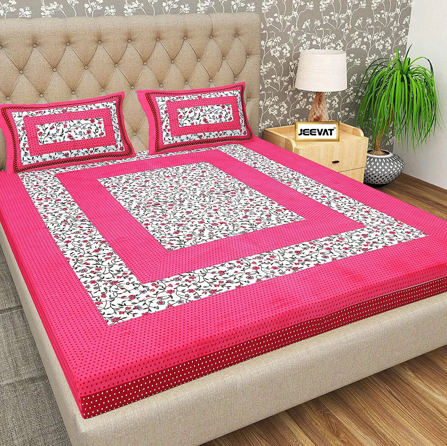 Jeevat Cotton Double Flat 144 TC Jaipuri Prints 1 Bedsheet with 2
