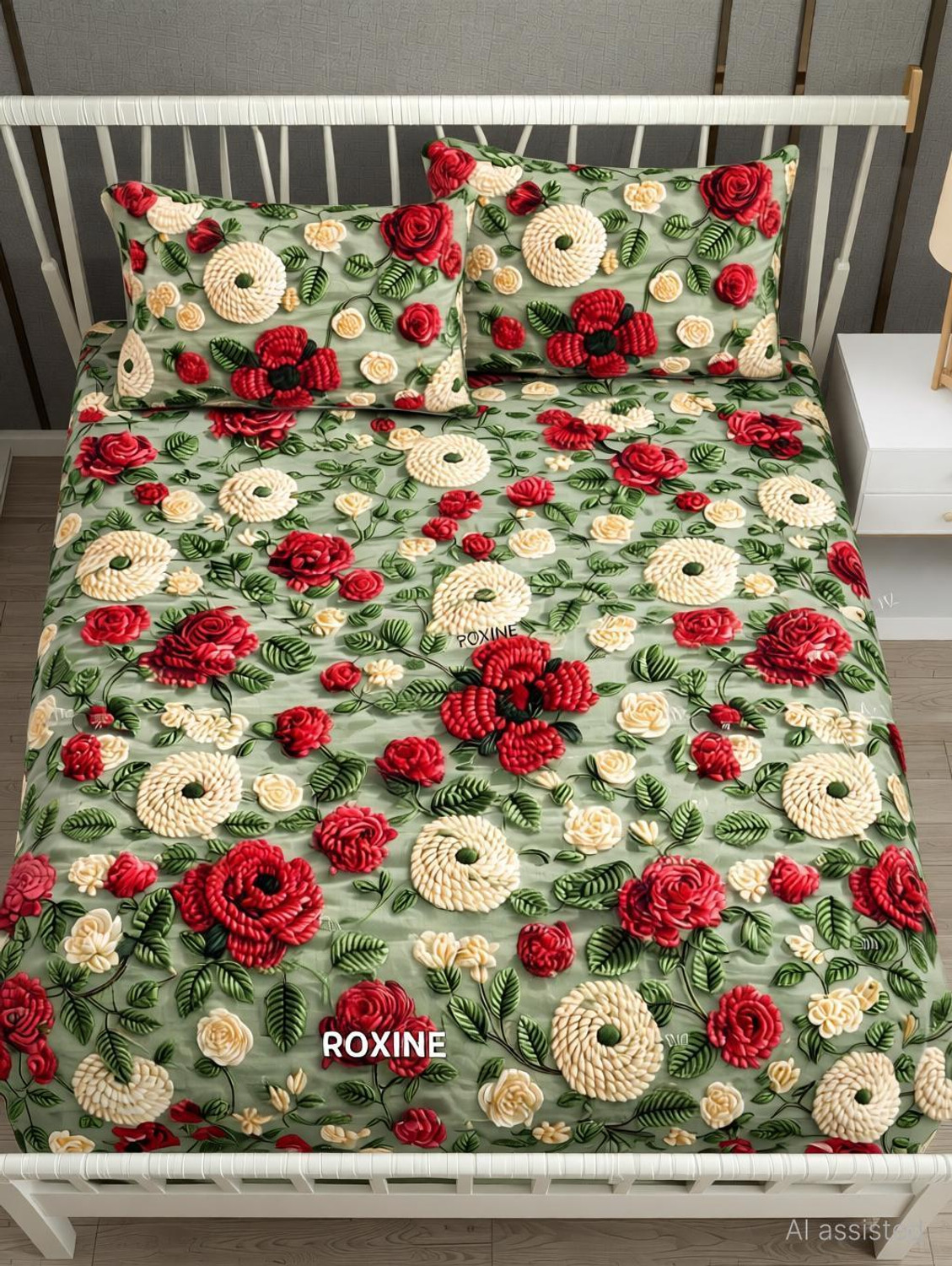 Image of Roxine Cotton King, Queen, Double Fitted (Elastic) 380 TC Self Design 1 Bedsheet with 2 Pillow Covers