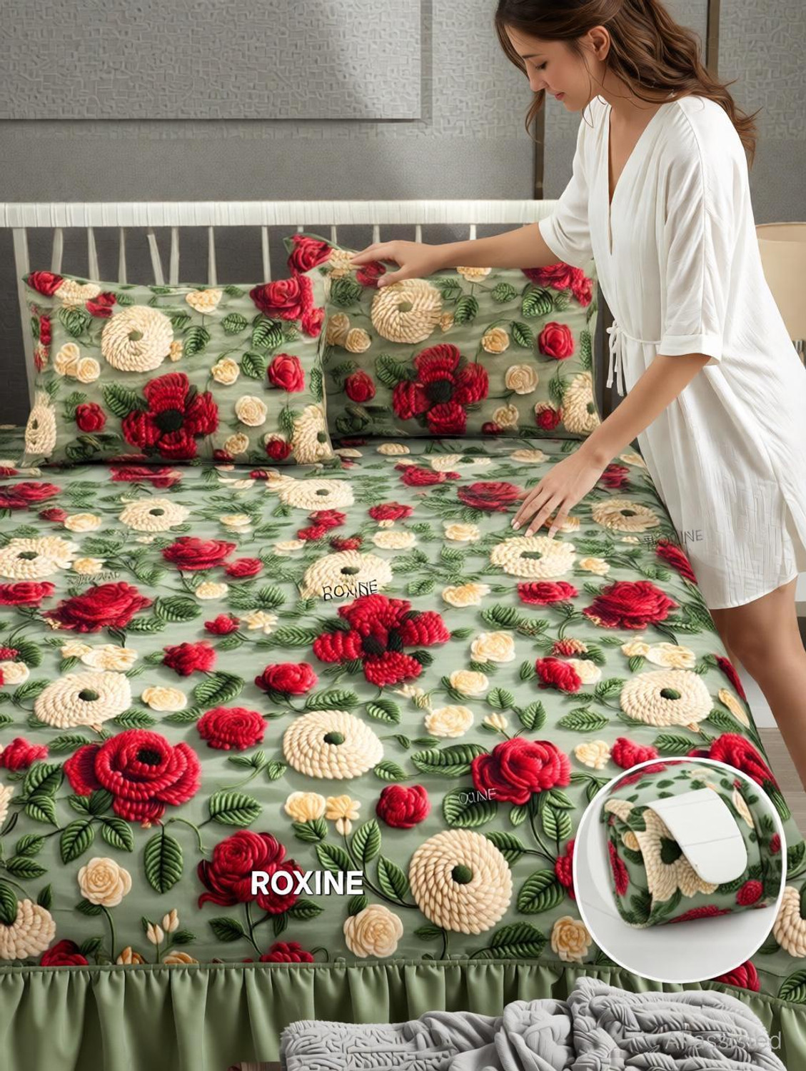 Image of Roxine Cotton King, Queen, Double Fitted (Elastic) 380 TC Self Design 1 Bedsheet with 2 Pillow Covers