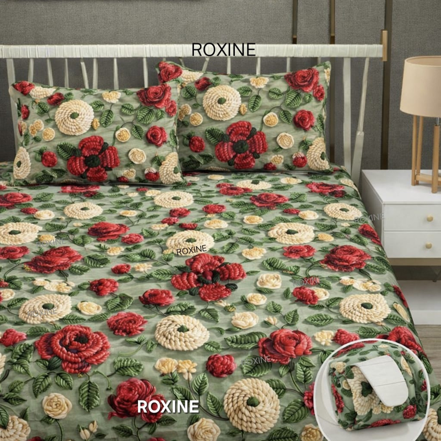 Image of Roxine Cotton King, Queen, Double Fitted (Elastic) 380 TC Self Design 1 Bedsheet with 2 Pillow Covers