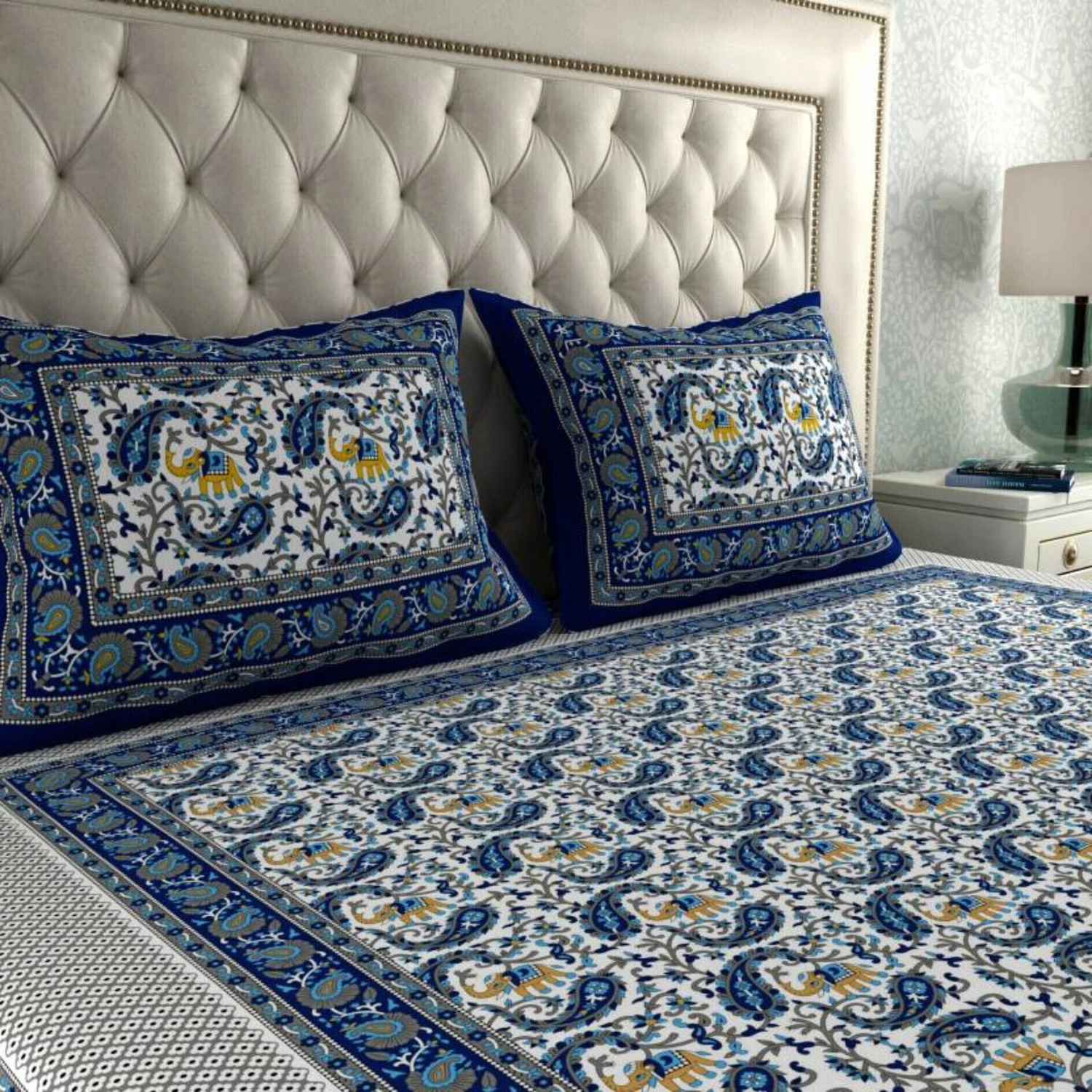 Image of COZYKO Cotton Double Flat 144 TC Jaipuri Prints 1 Bedsheet with 2 Pillow Covers