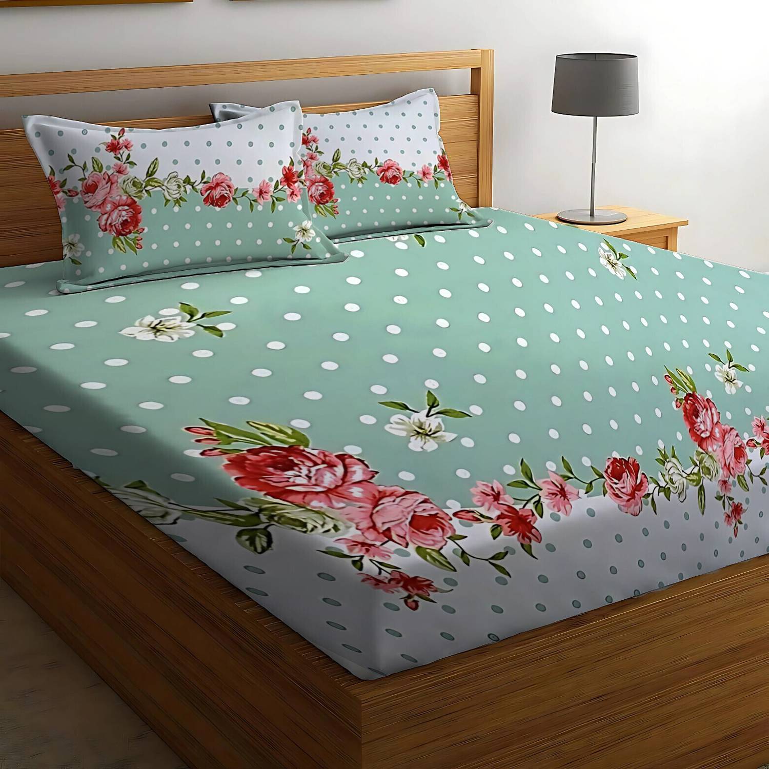 BEDORISM Cotton King Fitted (Elastic) 300 TC Printed 1 Bedsheet with 2 Pillow Covers