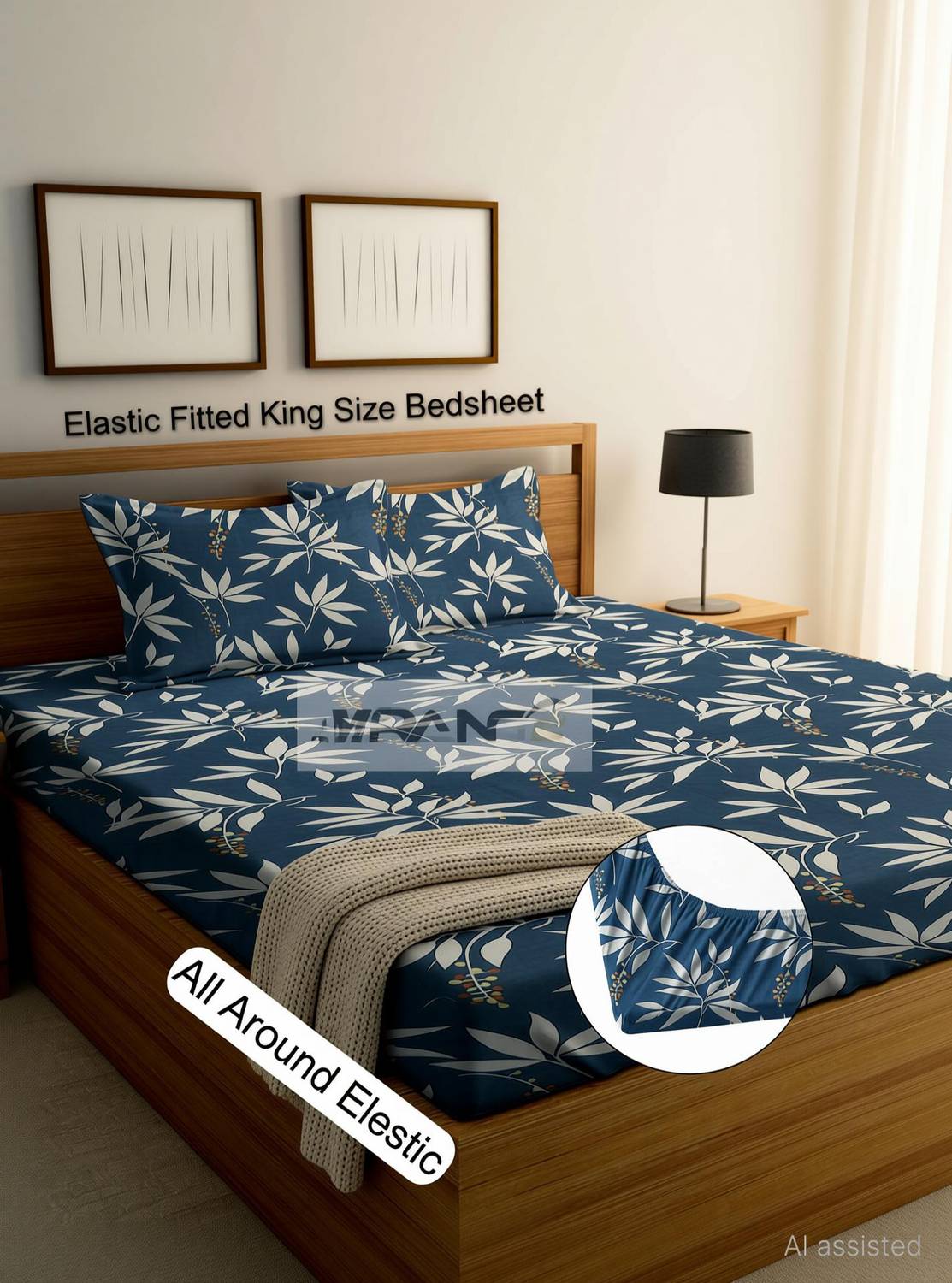 Amrange Cotton King Fitted (Elastic) 190 TC 3D Printed 1 Bedsheet with 2 Pillow Covers