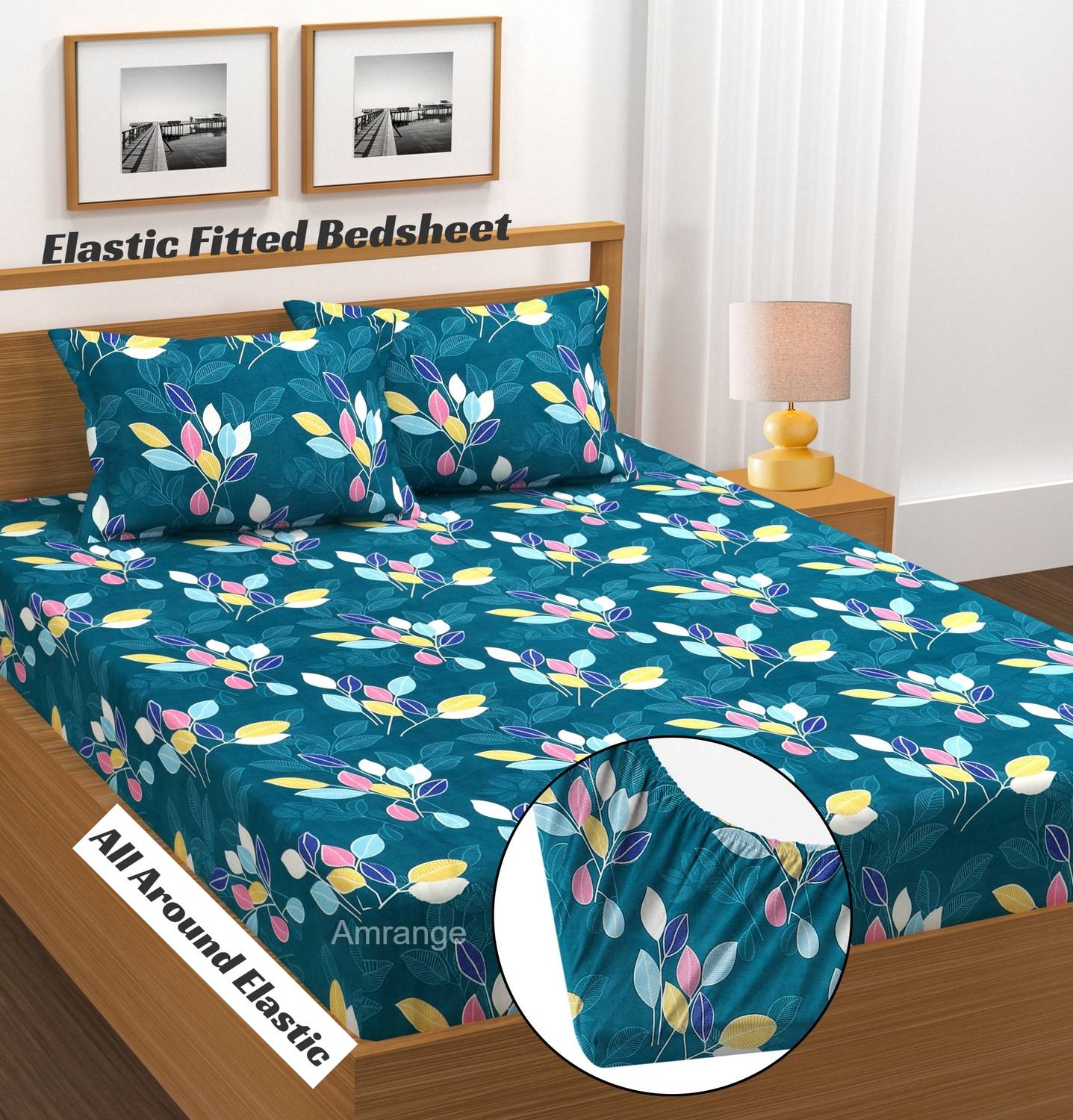 Amrange Cotton King Fitted (Elastic) 190 TC Floral 1 Bedsheet with 2 Pillow Covers