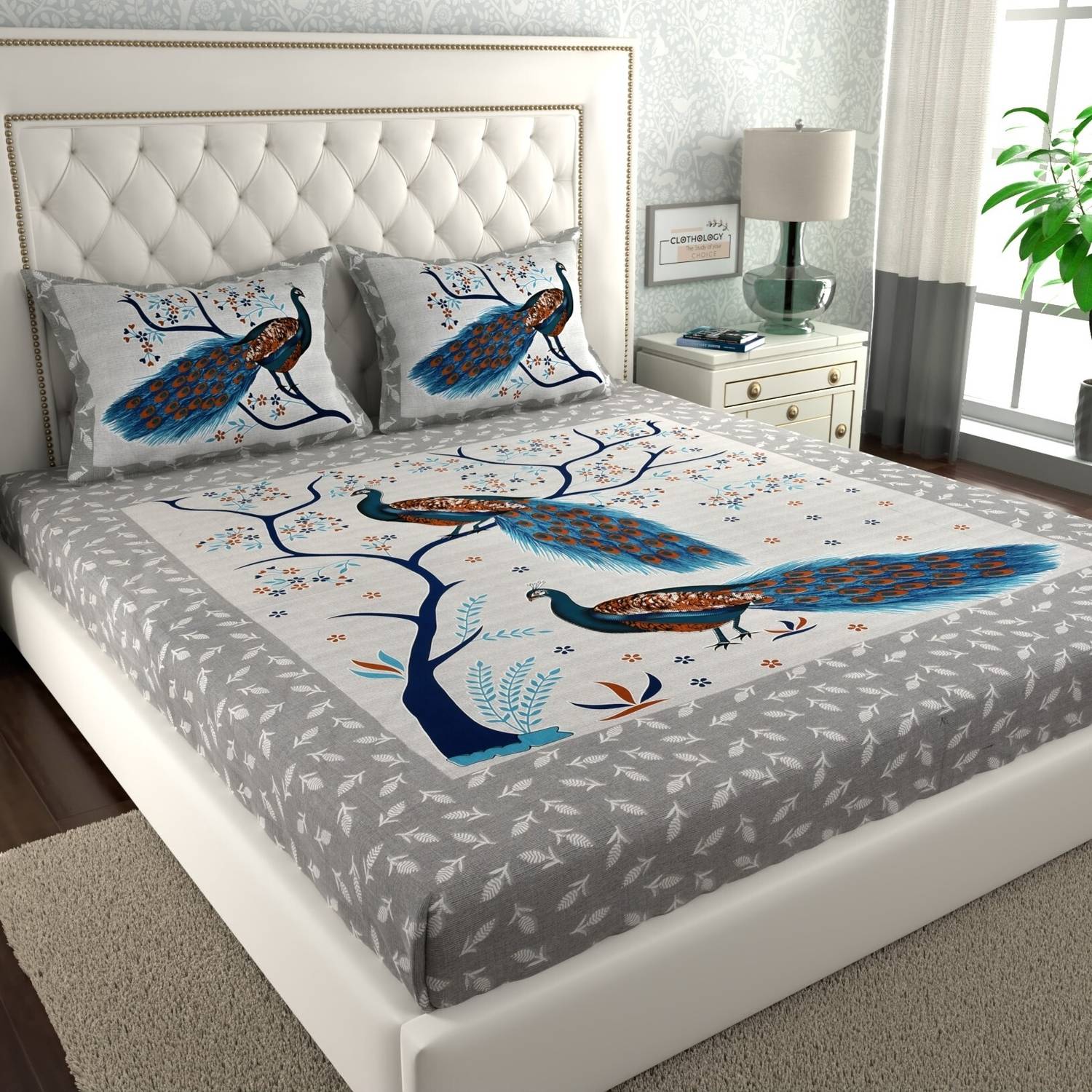 CLOTHOLOGY Cotton Double Flat 144 TC Jaipuri Prints 1 Bedsheet wi