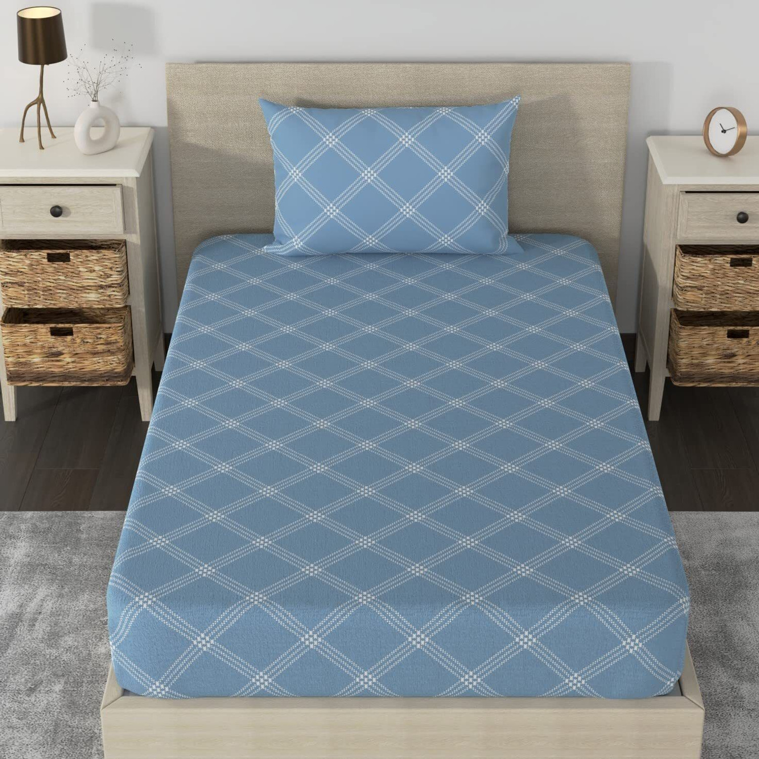 Image of Huesland Cotton Single Fitted (Elastic) 210 TC Geometric 1 Bedsheet with 2 Pillow Covers