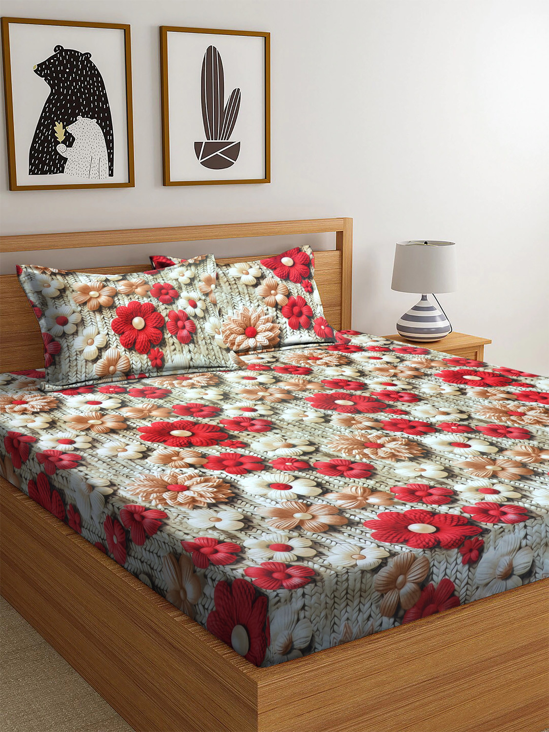 Image of Flipkart SmartBuy Cotton Blend Double Fitted (Elastic) 310 TC Floral 1 Bedsheet with 2 Pillow Covers