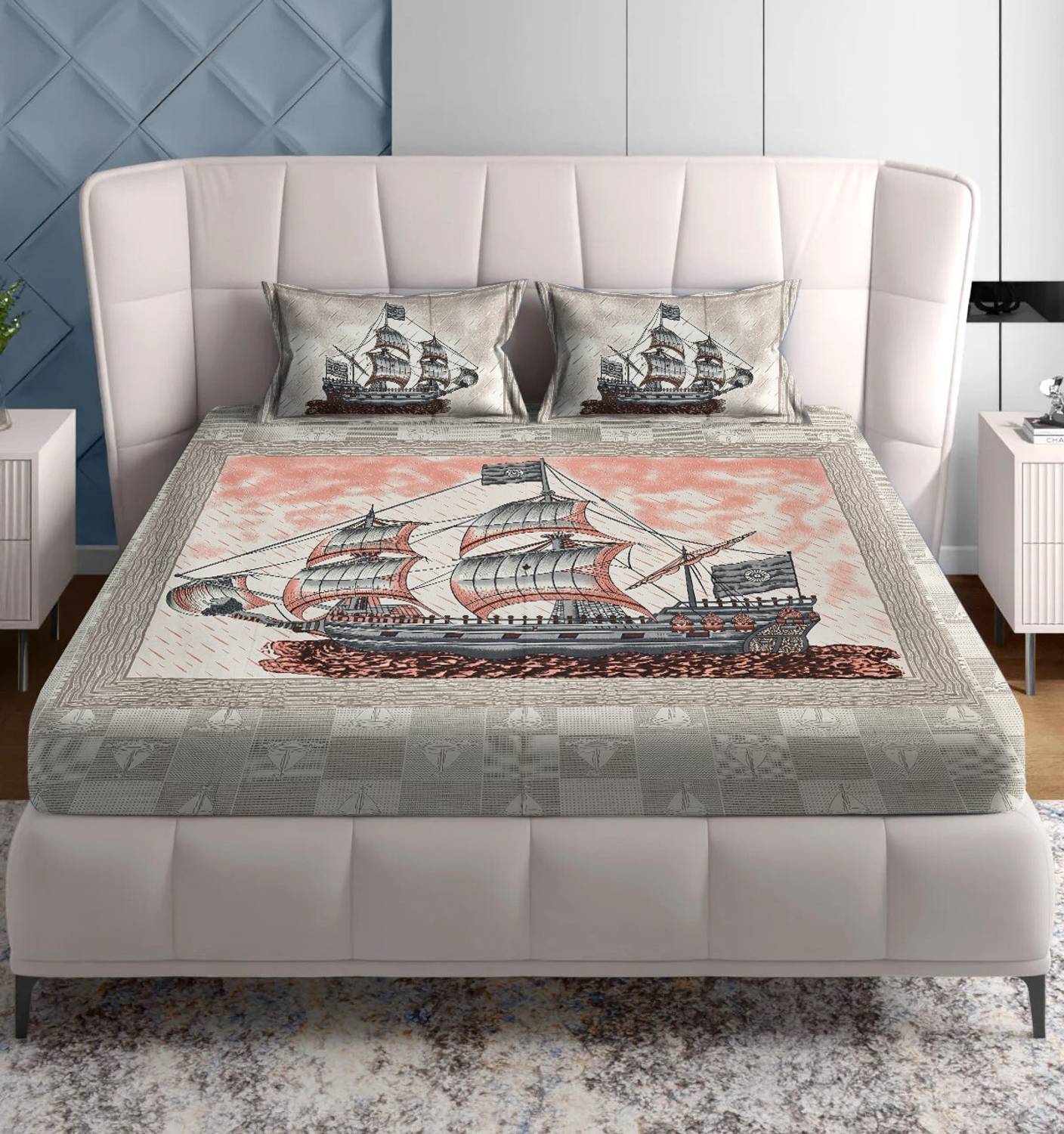 CARLTON LONDON Cotton King Flat 280 TC Printed 1 Summer Bedsheet with 2 Pillow Covers