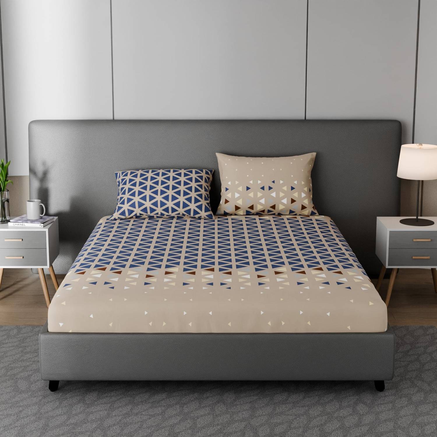 BLISSHOME Cotton King Fitted 150 TC Geometric Bedsheet with Pillow - Image 2