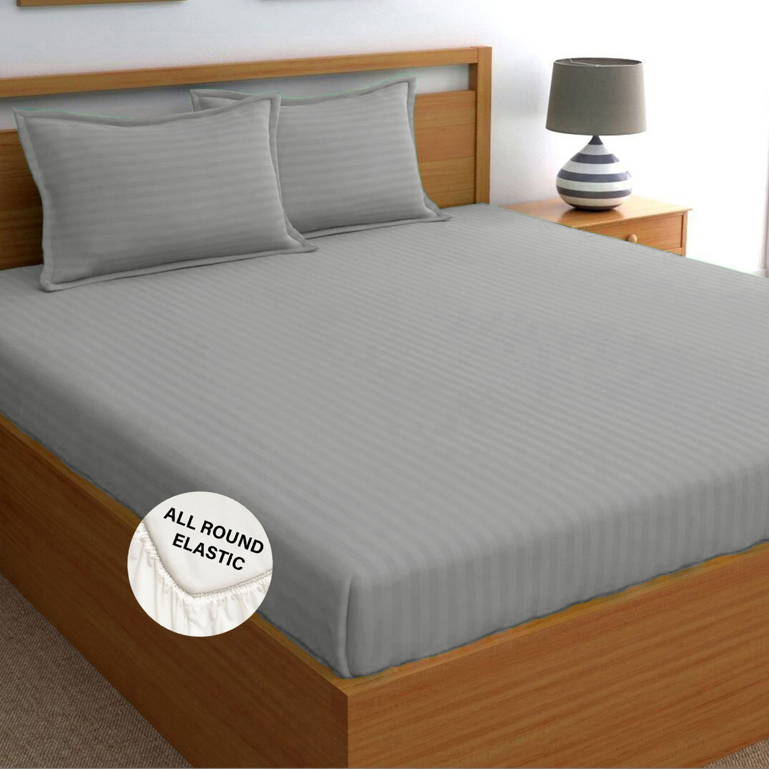 Image of Weave & Decor Microfiber King Fitted (Elastic) 300 TC Striped 1 Bedsheet with 2 Pillow Covers