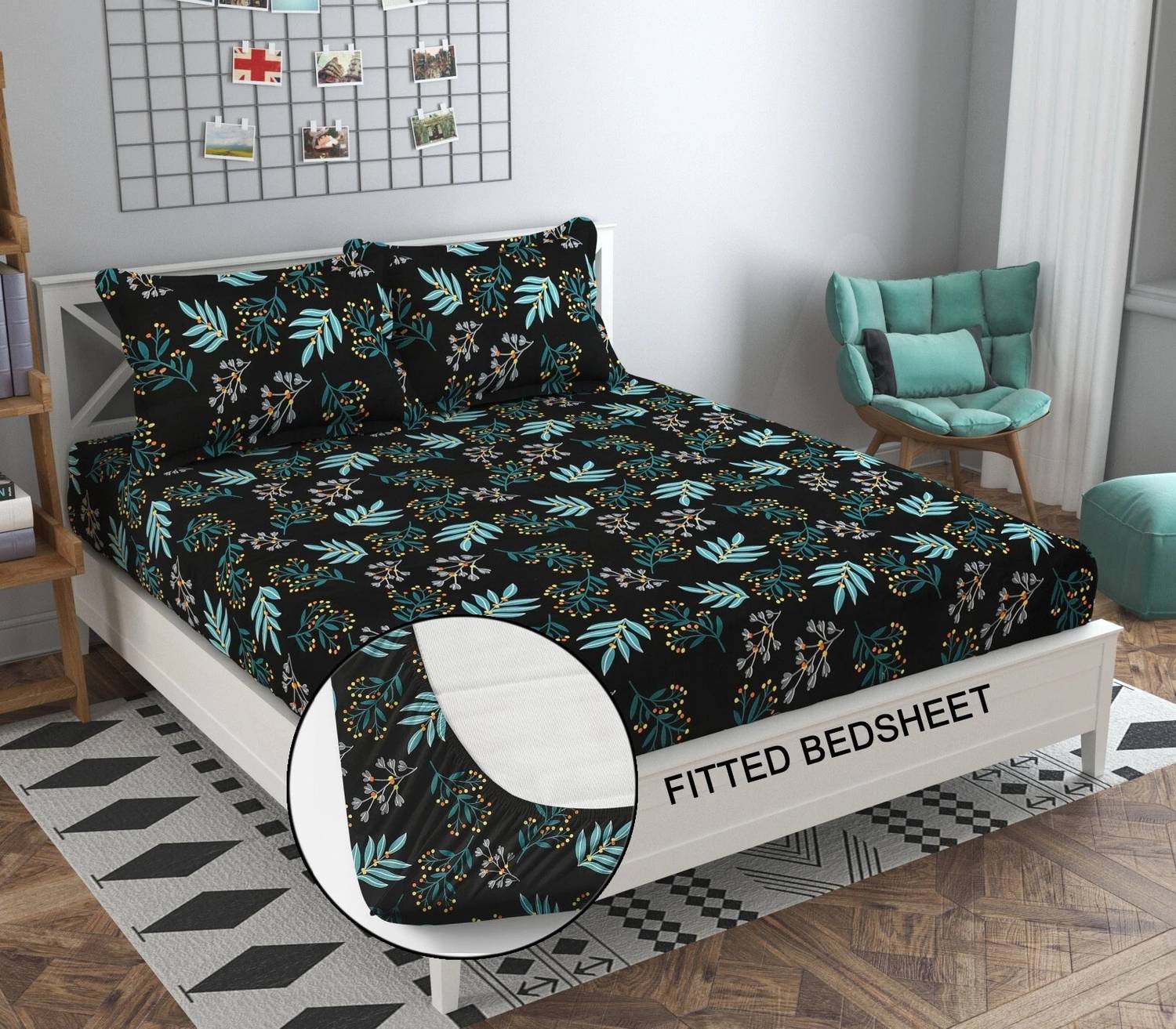 A11 M@LL Cotton Queen Fitted (Elastic) 180 TC 3D Printed 1 Bedsheet with 2 Pillow Covers