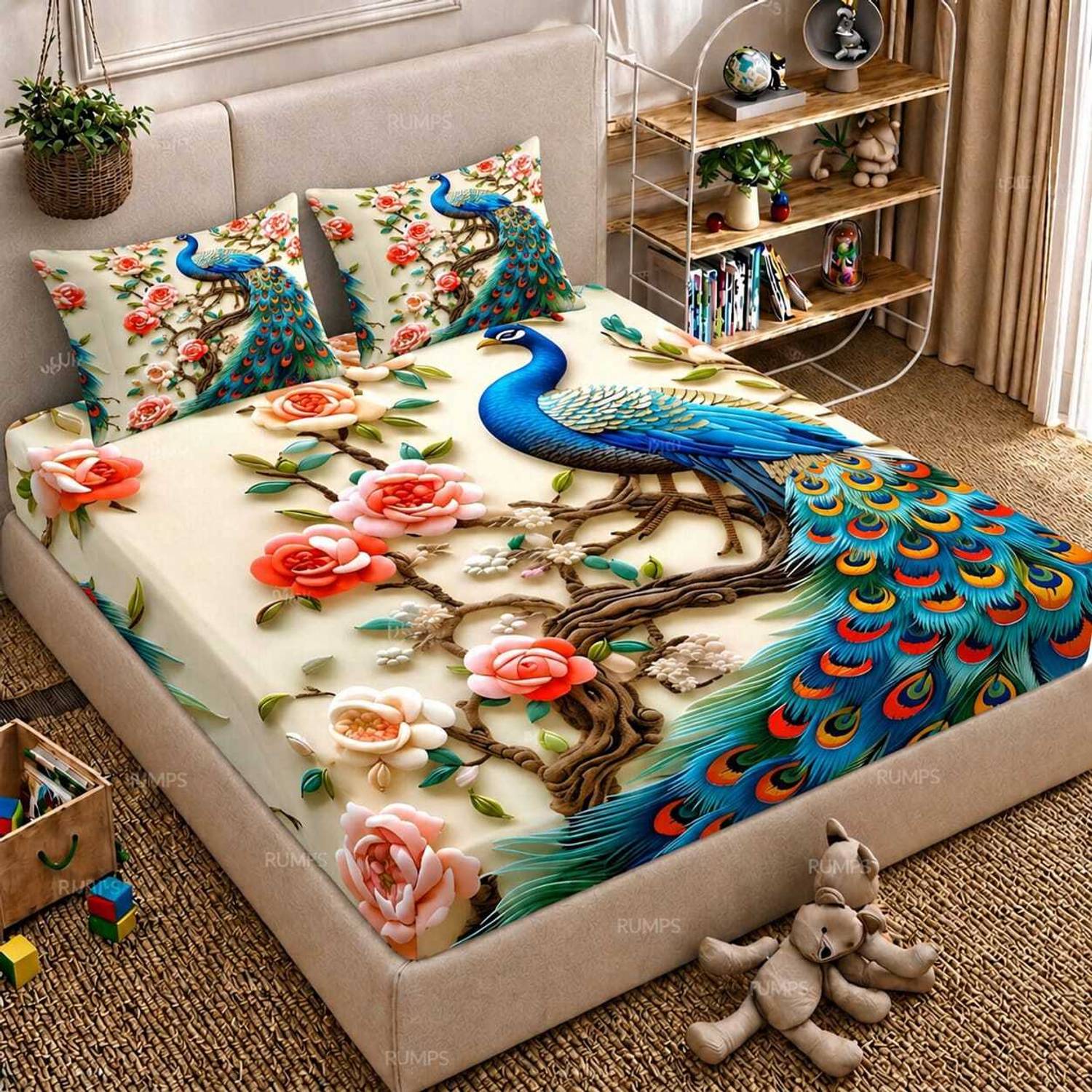 Rumps Cotton Double Flat 450 TC 3D Printed 1 Bedsheet with 2 Pillow Covers