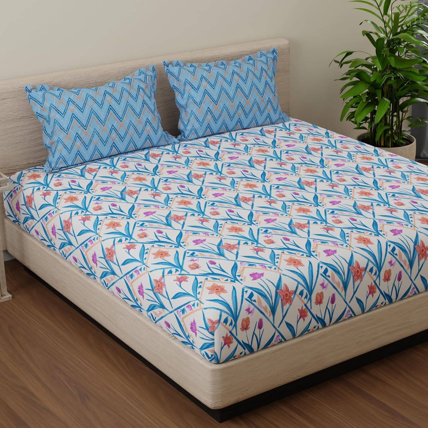 Huesland Cotton King Flat 144 TC Floral 1 Bedsheet with 2 Pillow