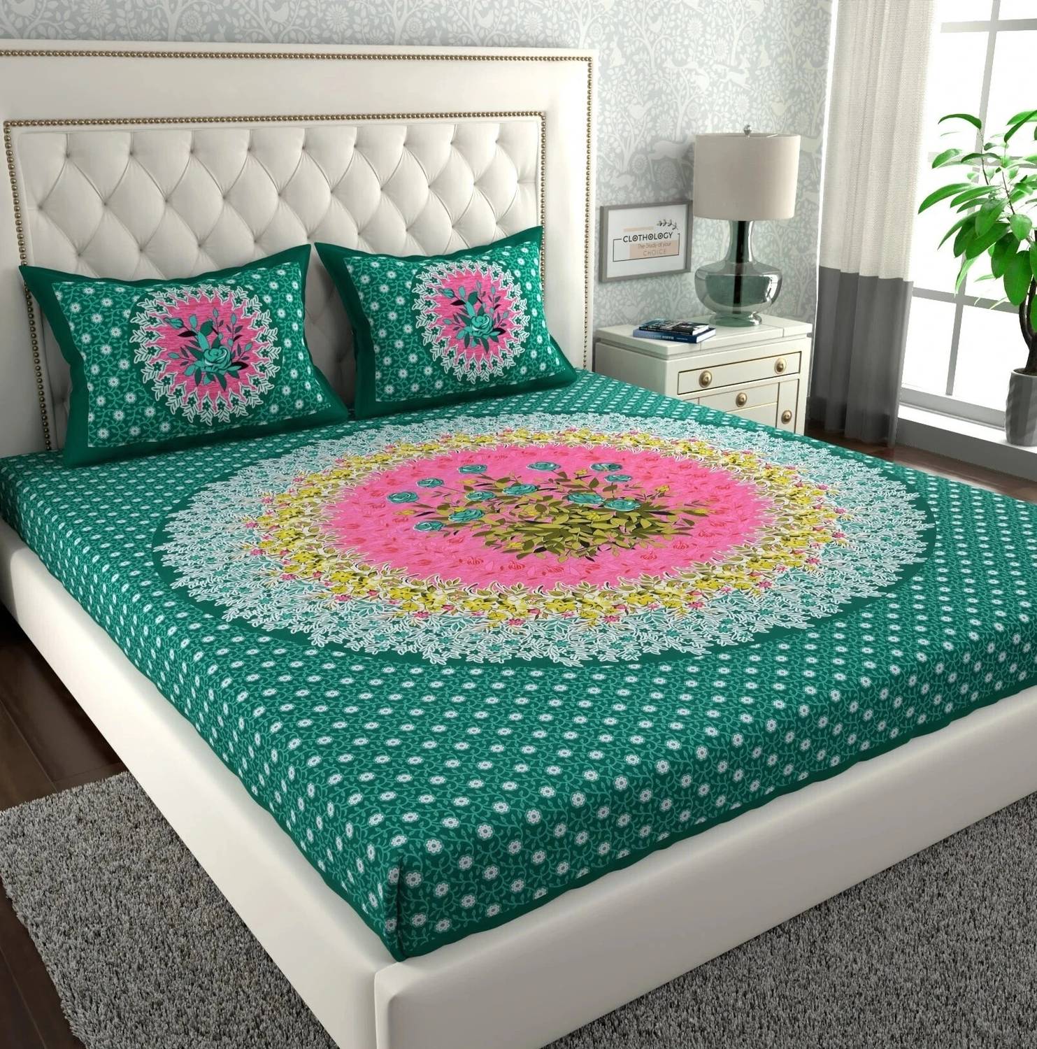 CLOTHOLOGY Cotton Double Flat 144 TC Jaipuri Prints 1 Bedsheet wi