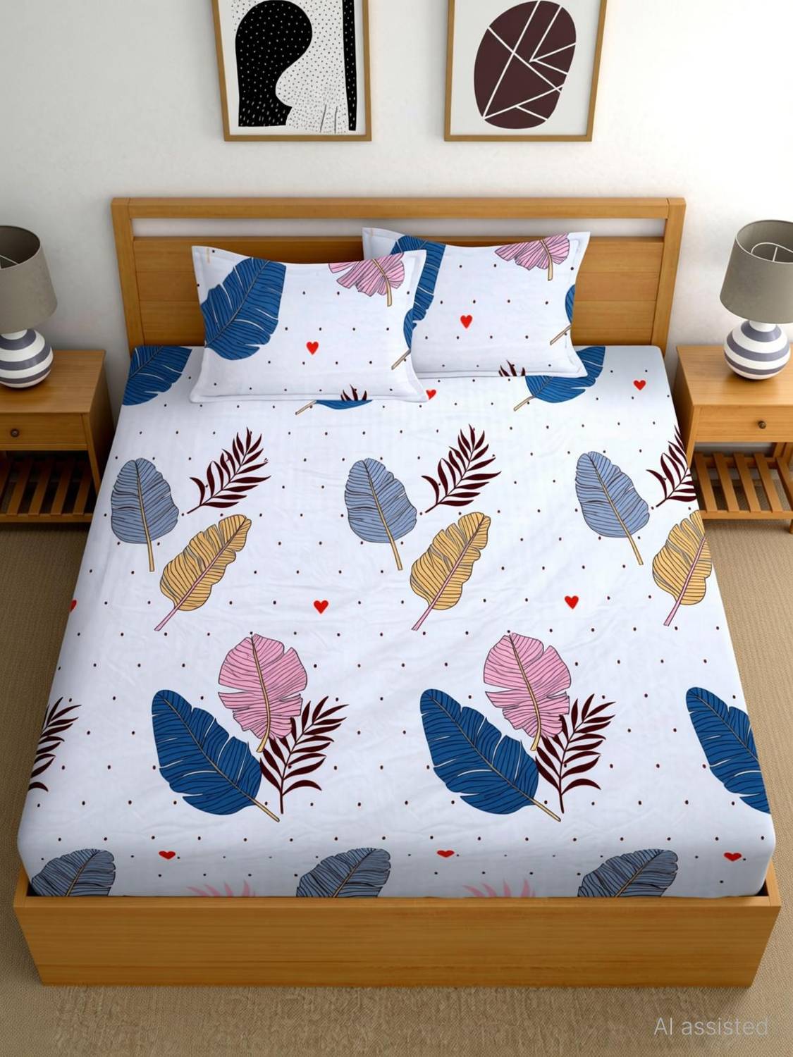 BlinkBerry Cotton Double, King Fitted (Elastic) 250 TC Floral 1 Bedsheet with 2 Pillow Covers