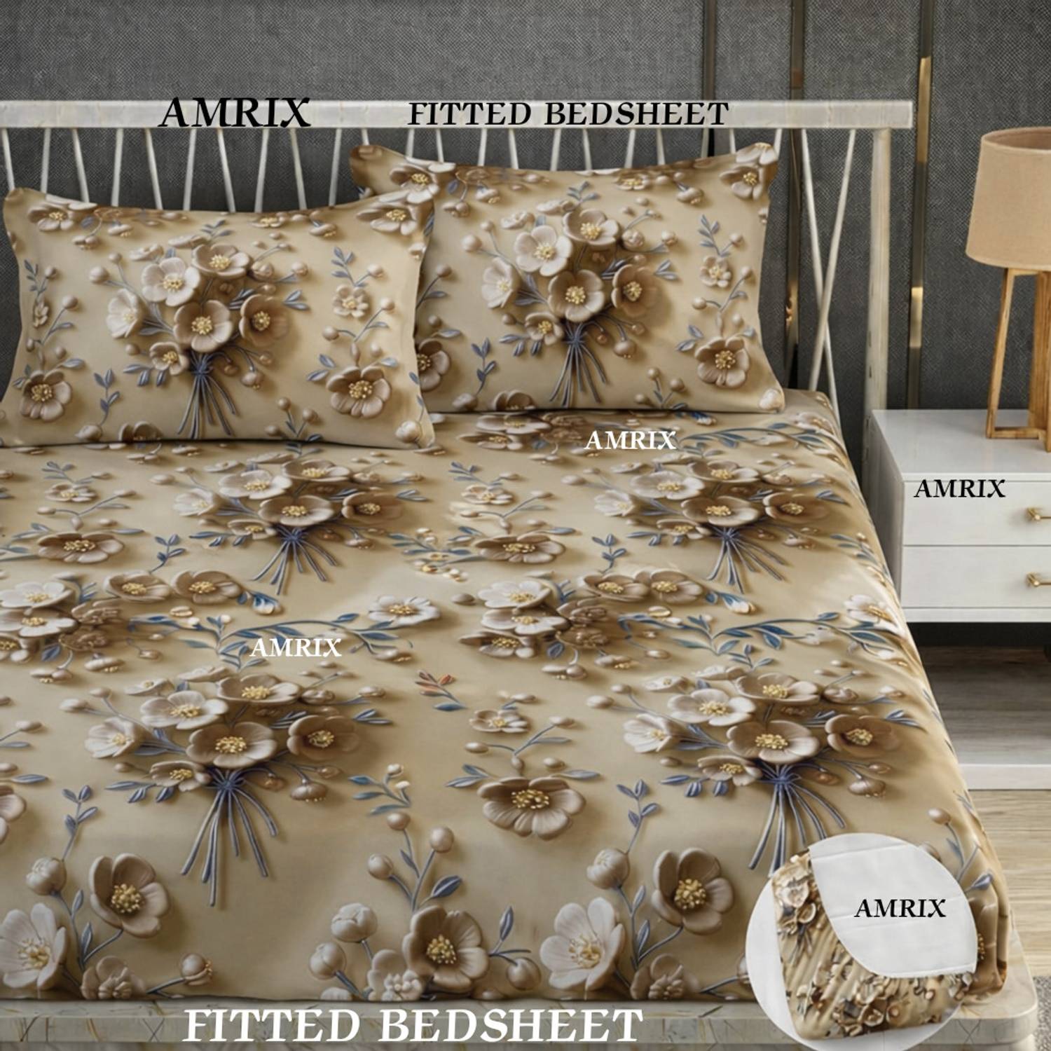 Amrix Cotton King Fitted (Elastic) 350 TC 3D Printed 1 Summer Bedsheet with 2 Pillow Covers