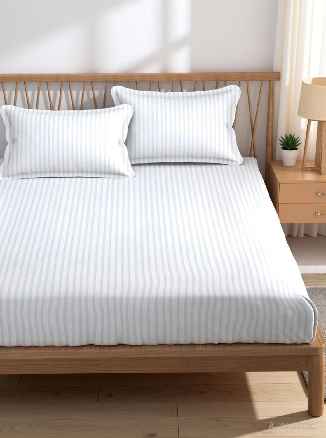 Image of HOMIMPEX Cotton, Microfiber Double Fitted (Elastic) 350 TC Striped 1 AC Bedsheet with 2 Pillow Covers