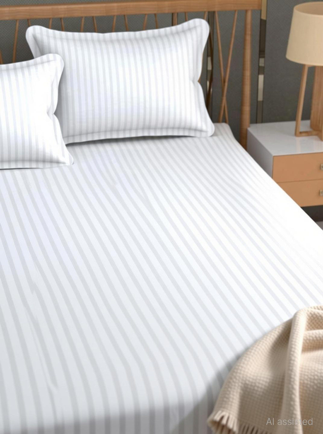 Image of HOMIMPEX Cotton, Microfiber Double Fitted (Elastic) 350 TC Striped 1 AC Bedsheet with 2 Pillow Covers