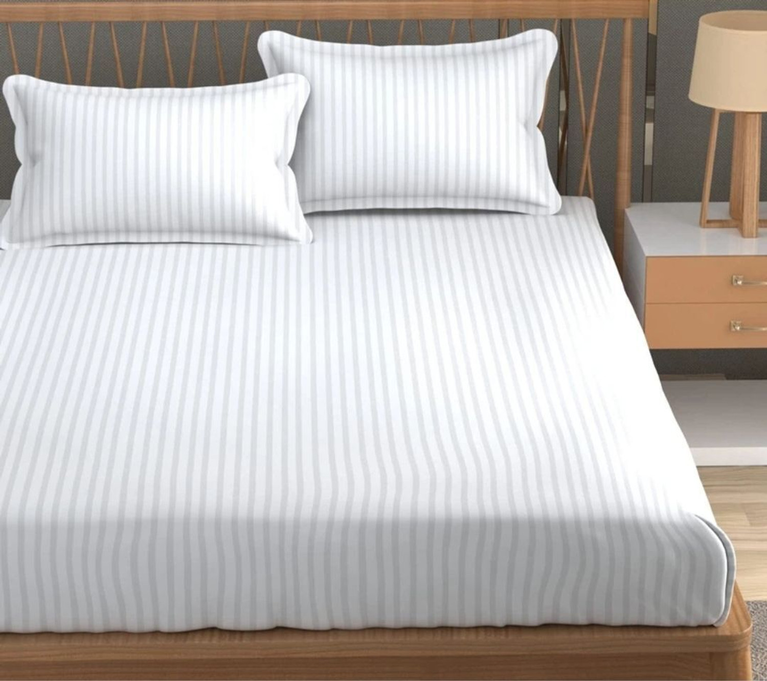 Image of HOMIMPEX Cotton, Microfiber Double Fitted (Elastic) 350 TC Striped 1 AC Bedsheet with 2 Pillow Covers
