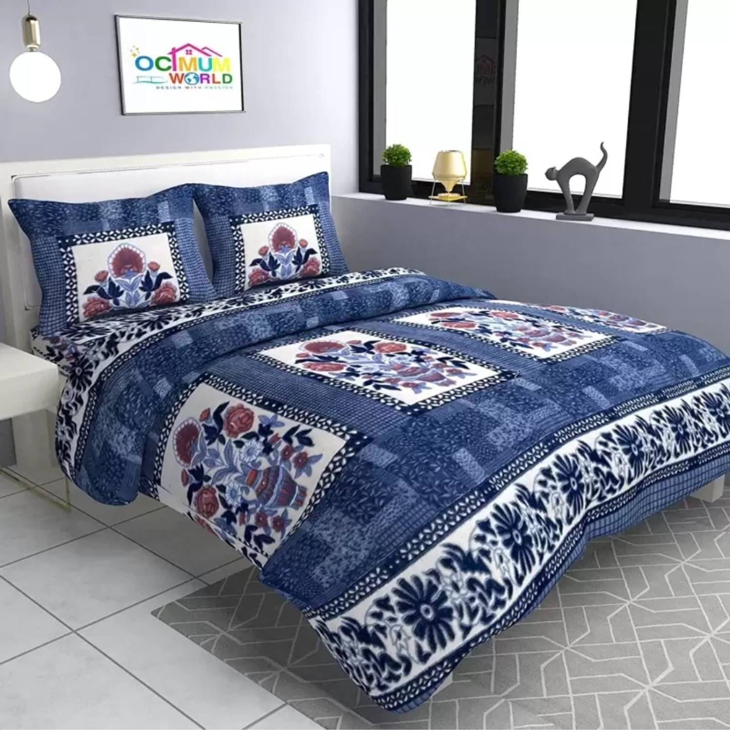 SINGLA CRAFTWORKS Cotton King Flat 244 TC Floral 1 Bedsheet with 2 Pillow Covers