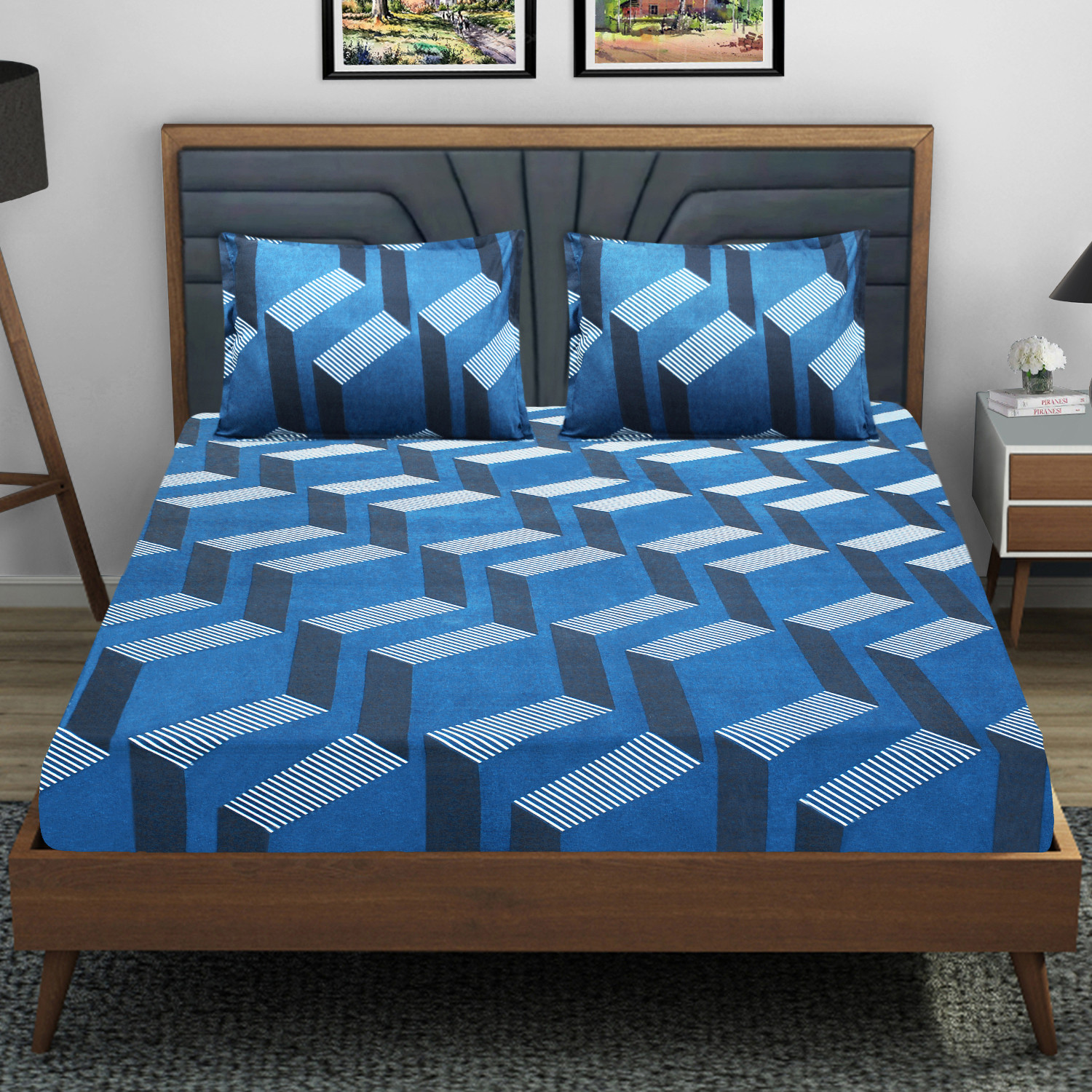 Image of Flipkart SmartBuy Microfiber Double Fitted (Elastic) 144 TC Abstract 1 Bedsheet with 2 Pillow Covers