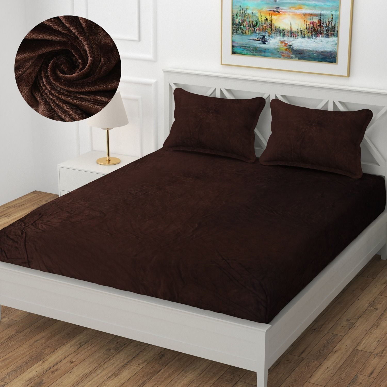 Image of BLUEDOT Woolen, Velvet Double Fitted (Elastic) 160 TC Self Design 1 Bedsheet with 2 Pillow Covers