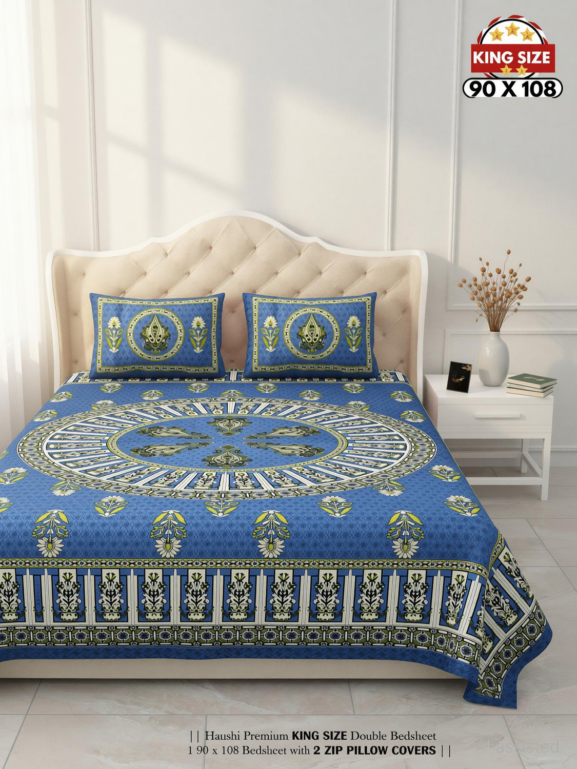 Image of HANSHI Cotton King Flat 260 TC Printed 1 Bedsheet with 2 Pillow Covers