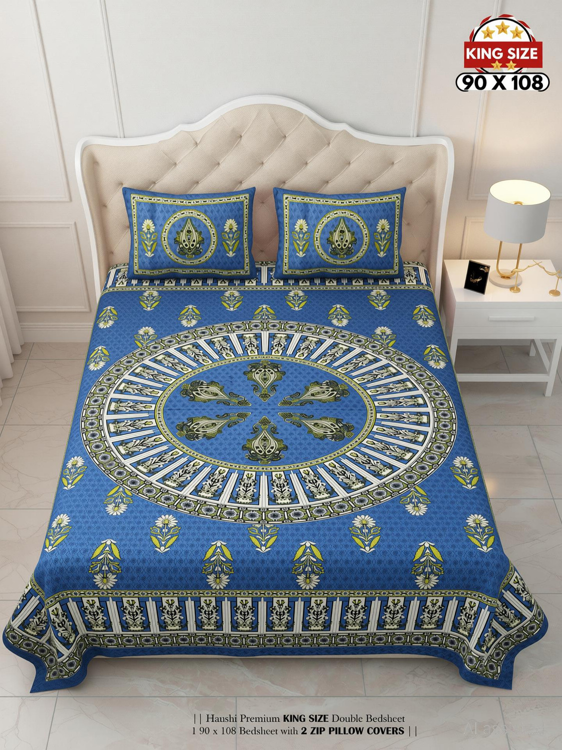 Image of HANSHI Cotton King Flat 260 TC Printed 1 Bedsheet with 2 Pillow Covers