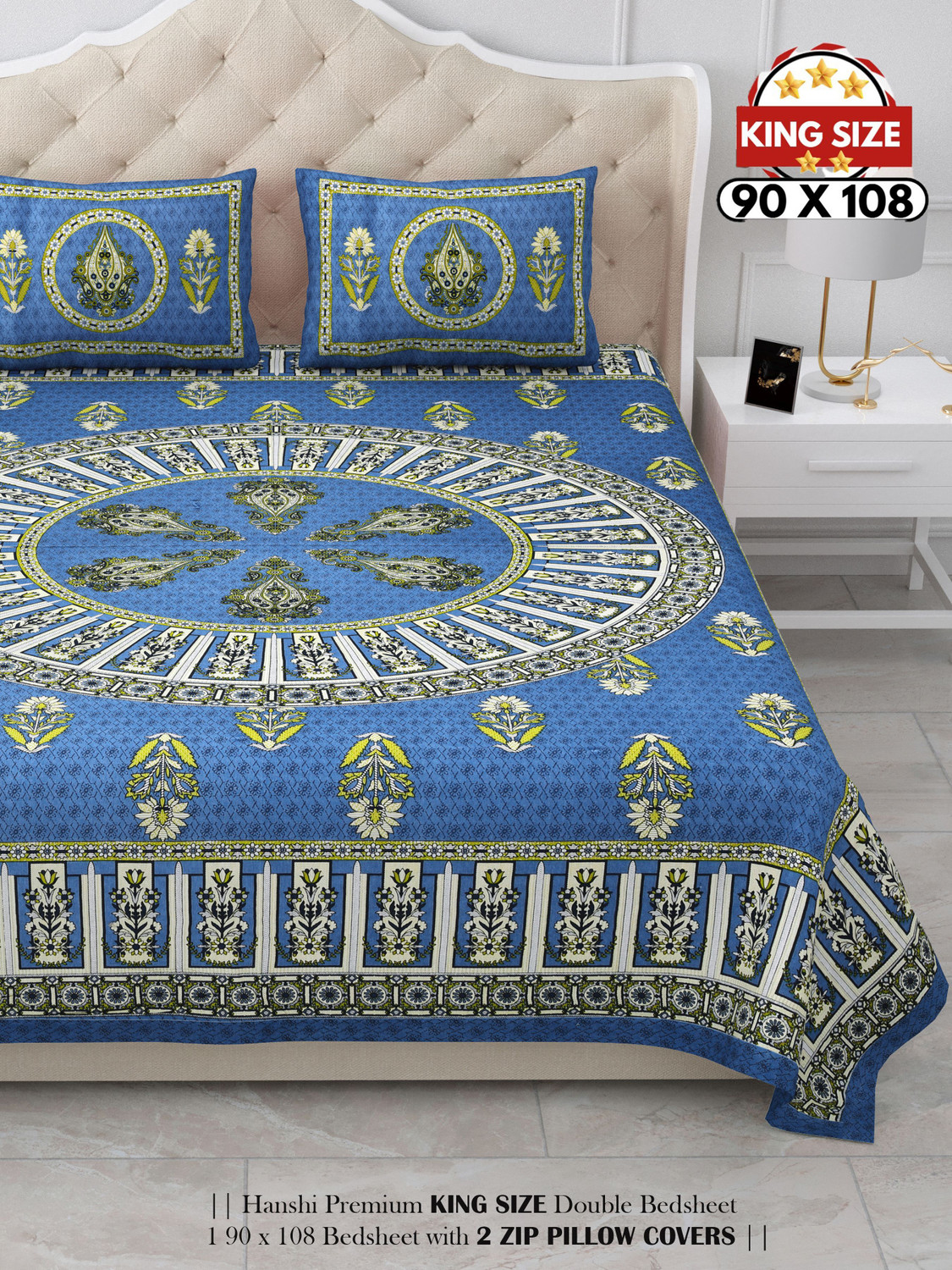 Image of HANSHI Cotton King Flat 260 TC Printed 1 Bedsheet with 2 Pillow Covers
