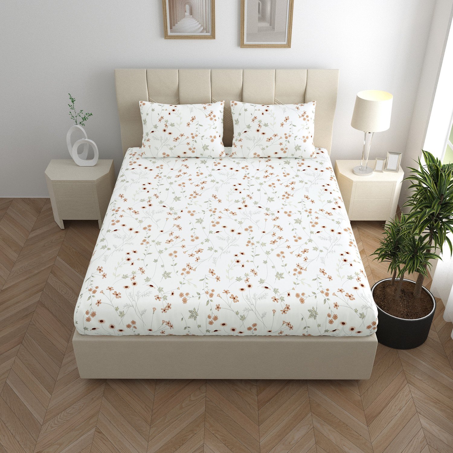 Image of LINENWALAS Cotton Queen Fitted (Elastic) 300 TC Floral 1 Bedsheet with 2 Pillow Covers