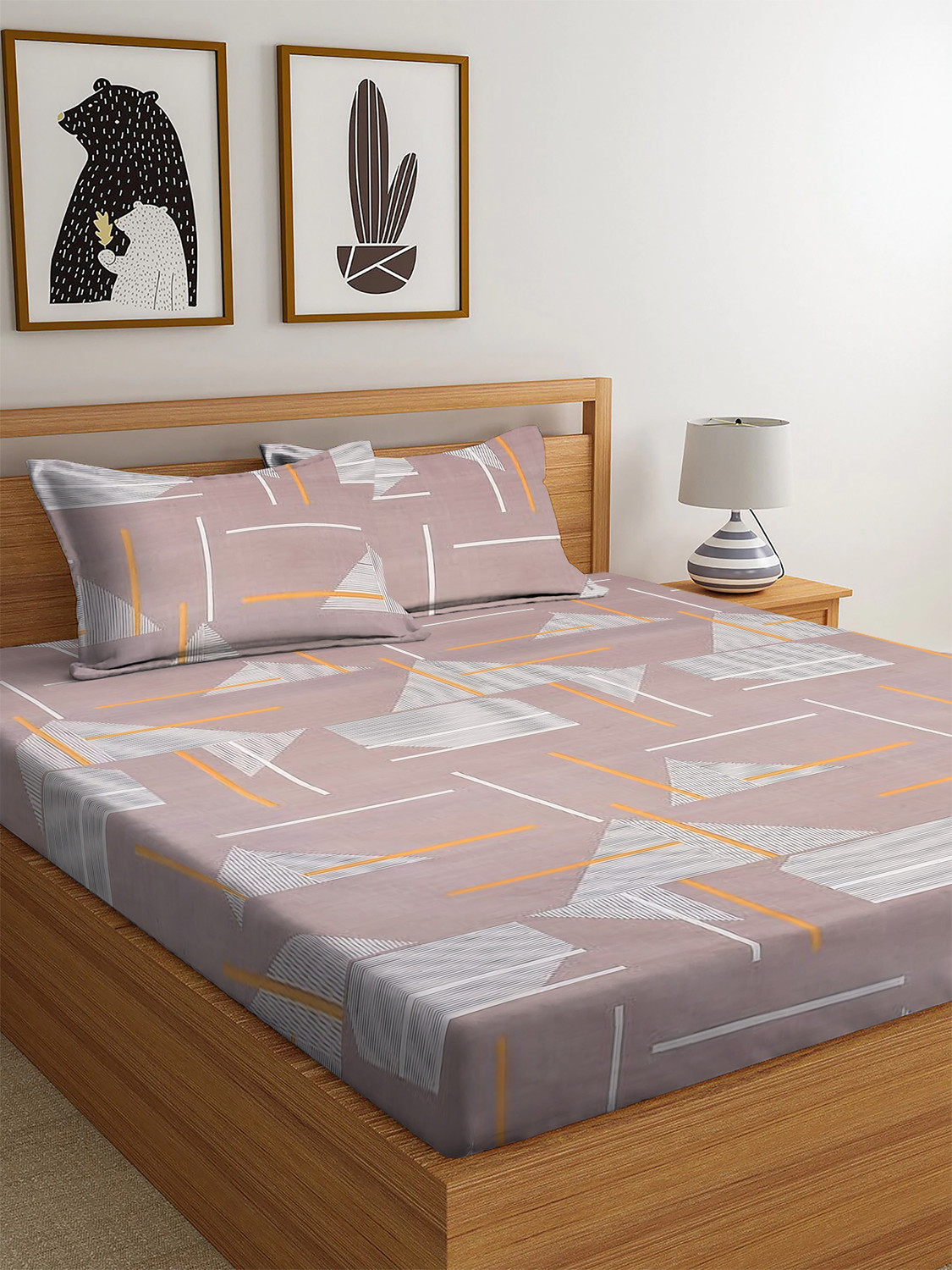 Image of KURRY HOME FURNISHING Microfiber King Fitted (Elastic) 250 TC Abstract 1 Bedsheet with 2 Pillow Covers