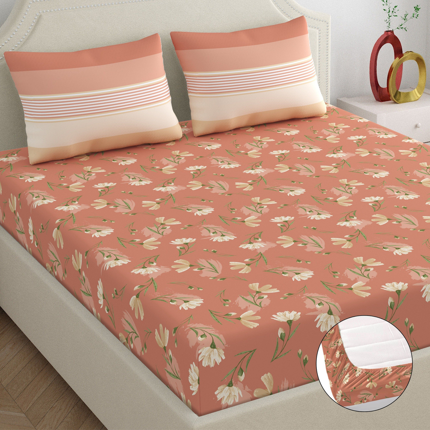 Image of Dreamscape Cotton King Fitted (Elastic) 140 TC Printed 1 Bedsheet with 2 Pillow Covers