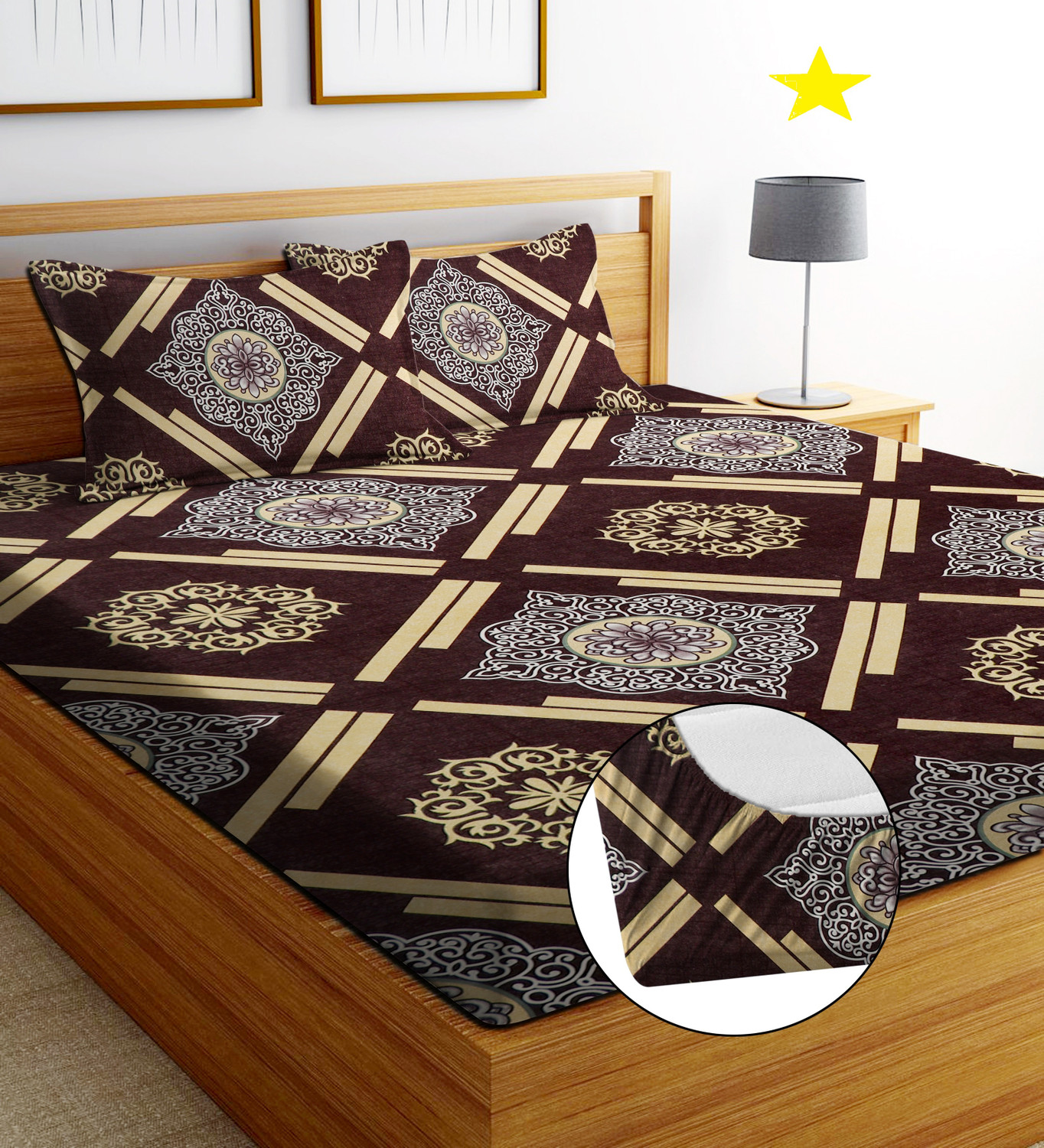 Image of HQ FAB Cotton King Fitted (Elastic) 244 TC Printed 1 Summer Bedsheet with 2 Pillow Covers