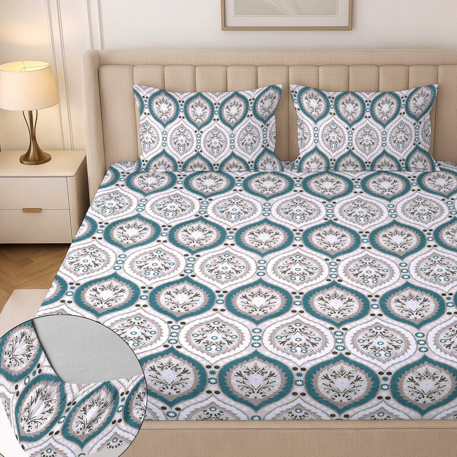 Image of Moonroof Cotton Double Fitted (Elastic) 244 TC Printed 1 Summer Bedsheet with 2 Pillow Covers